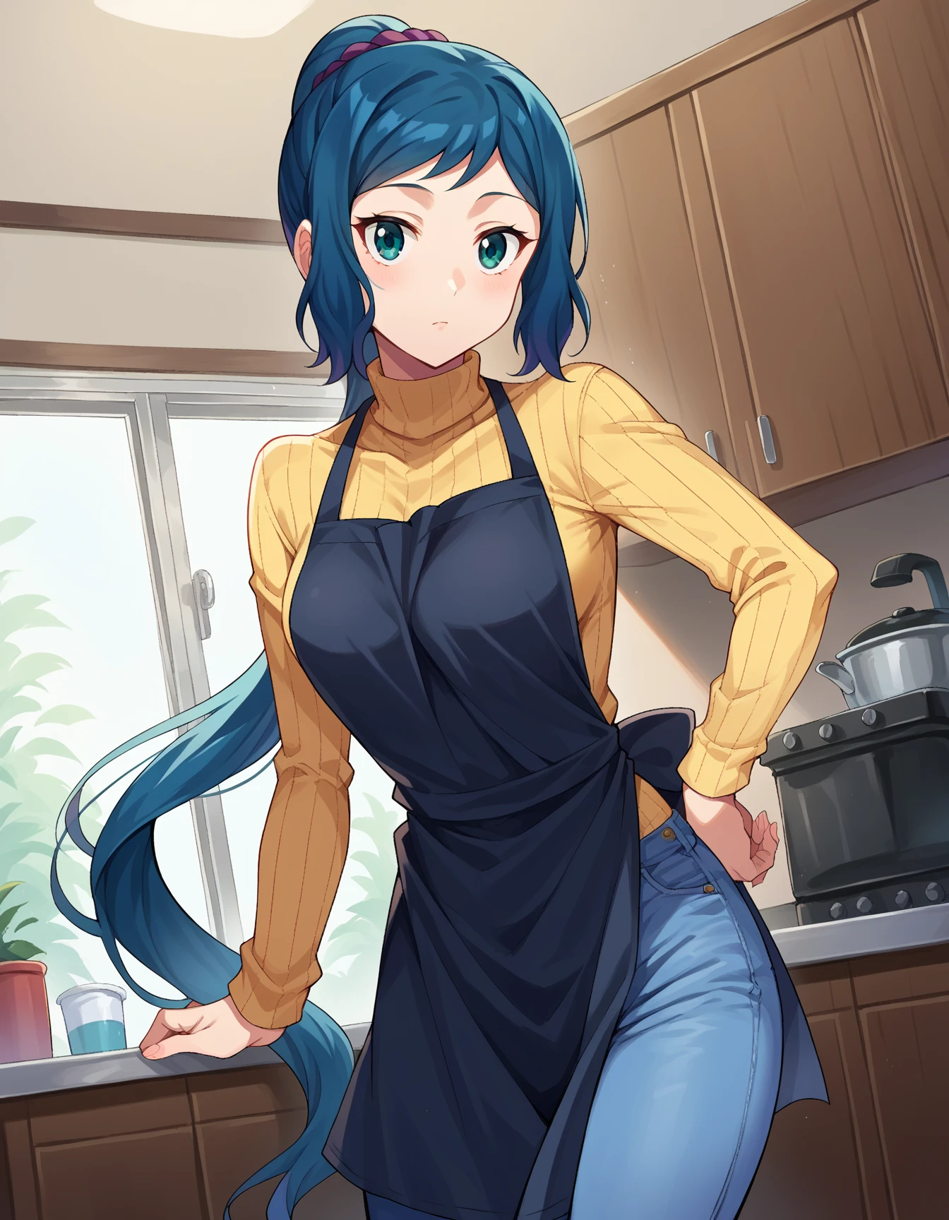 (Masterpiece), Best Quality, ultra-detailed, 1girl (rinko_iori, Slender and sexy body, big and pretty breasts, dark blue hair, long wave hair, blue eyes), smile,parted lips, facing viewer, looking at viewer, solo, yellow turtle neck sweater, apron(black), denim pants, in the store, standing, Sexy waist teasing, a provocative pose