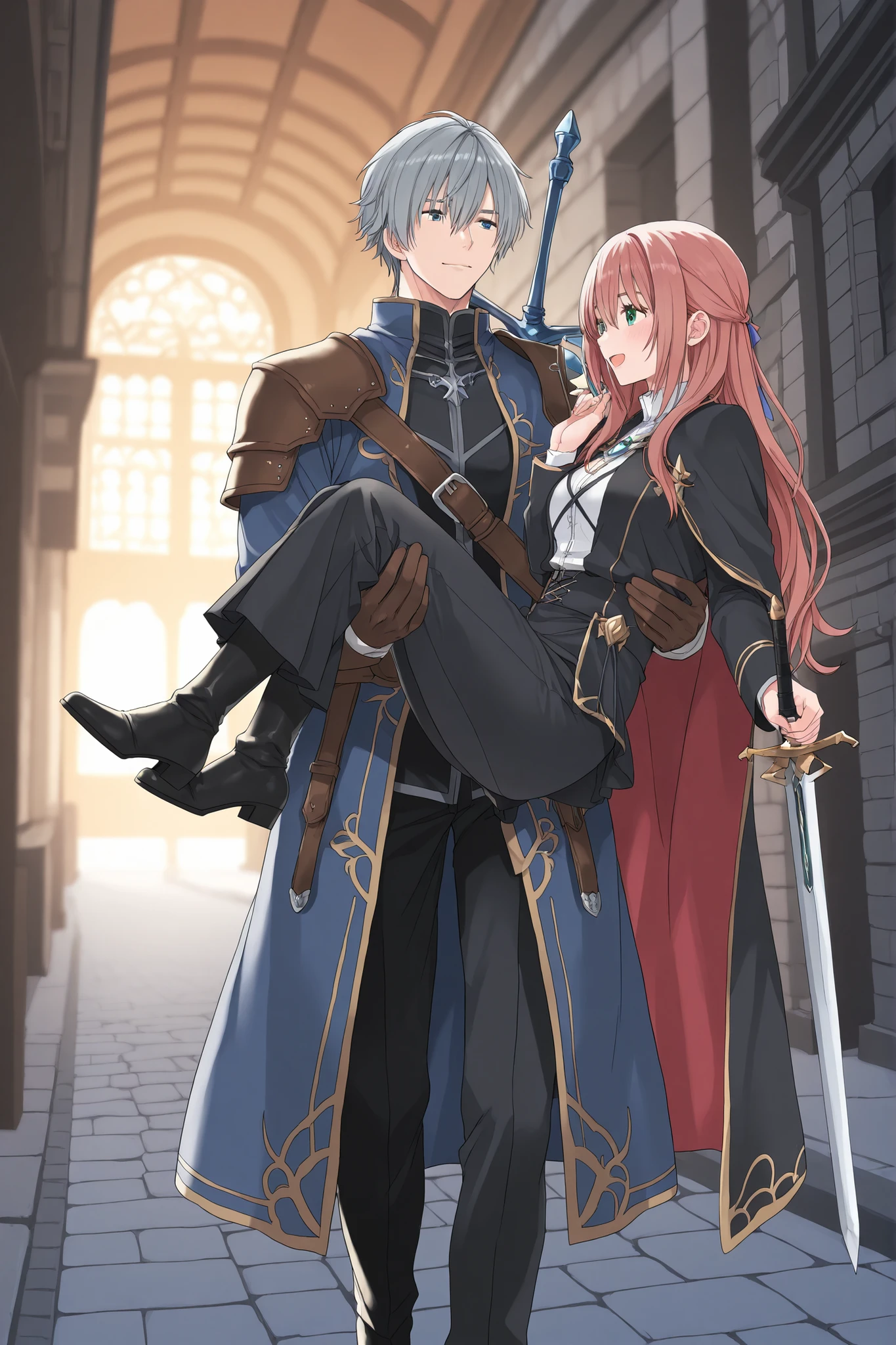 Fantasy Setting. 1 male taking a stroll through the street in a very fashioned clothing and carrying a sword