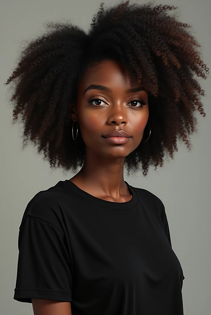 Black woman with round face well dressed in black and breasts covered with curly hair