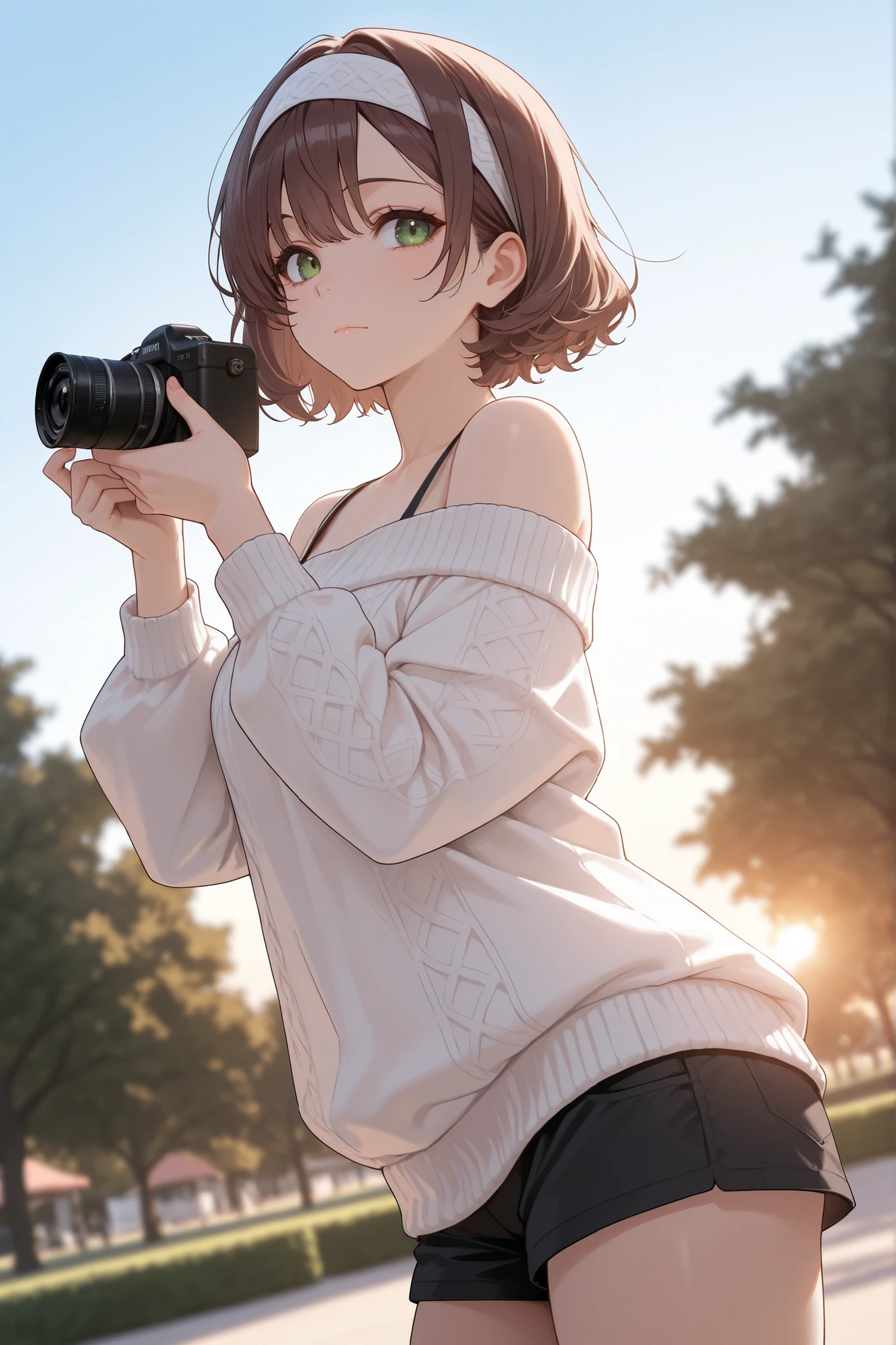 score_9, score_8_up, score_7_up, masterpiece, best quality, detailed face, 1 girl, solo, beautiful, modest chest, slender body, mature, light makeup, adorable, sharp eyes, closed mouth,
short hair, wavy brown hair, side bangs, short tidy bang, vibrant green eyes, white headband, white off shoulder sweater top, short black pants,
Outdoor background, park, outside town, holding camera, sunset, depth of field, bloom, soft lighting, best composition, dynamic, taking picture, from the side, from below,