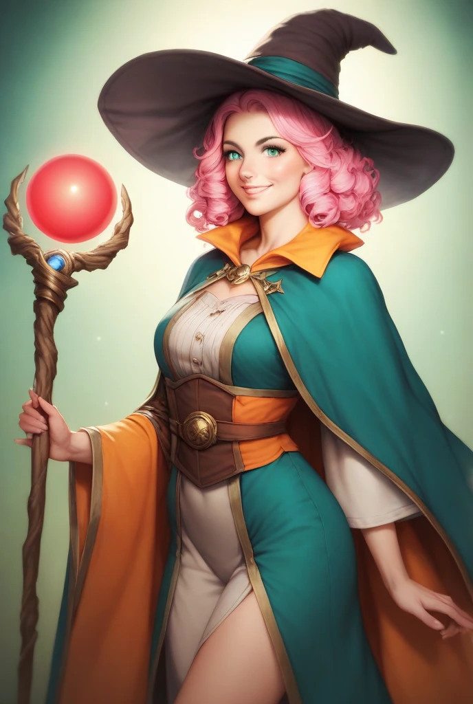 award winning character concept art of, a cute mechanical witch, light brown hair, blue eyes, pink and white dress, breasts, smile, cleavage, witch hat, dark lighting, large breasts, lips, short hair, looking at viewer, solo, from side, highly detailed 8k character concept portrait studio lighting by Annie Leibovitz and Steve McCurry octane render trending on artstation made in Maya 4K high quality digital painting dramatic lighting