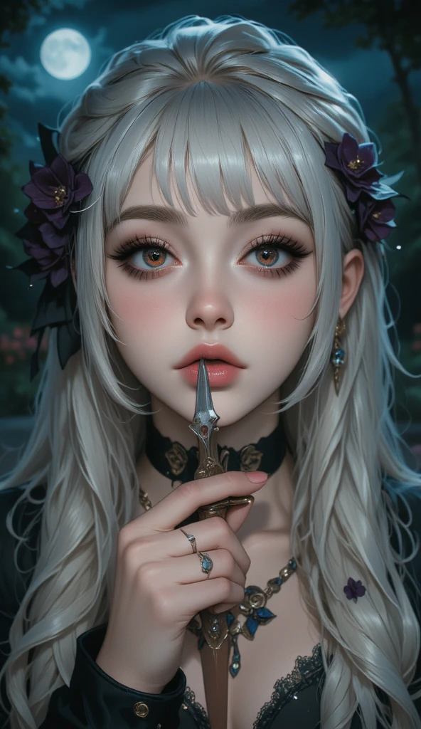 (masterpiece:1.2, best quality), (real picture, intricate details), 1lady, Painting on canvas, beauty 1 woman, medium length hair, perfect face, white hair, lavender-colored eyes, beautiful face, fair skin, slight smile, away from the viewer, enjoying the atmosphere.