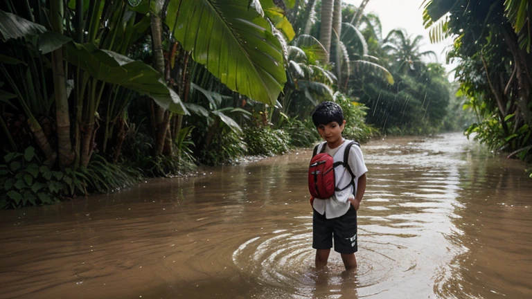 There is a lot of flooding. Inside this flood a bangali small ??? is found helpless under a tree. And looking with innocent eyes. and its look real