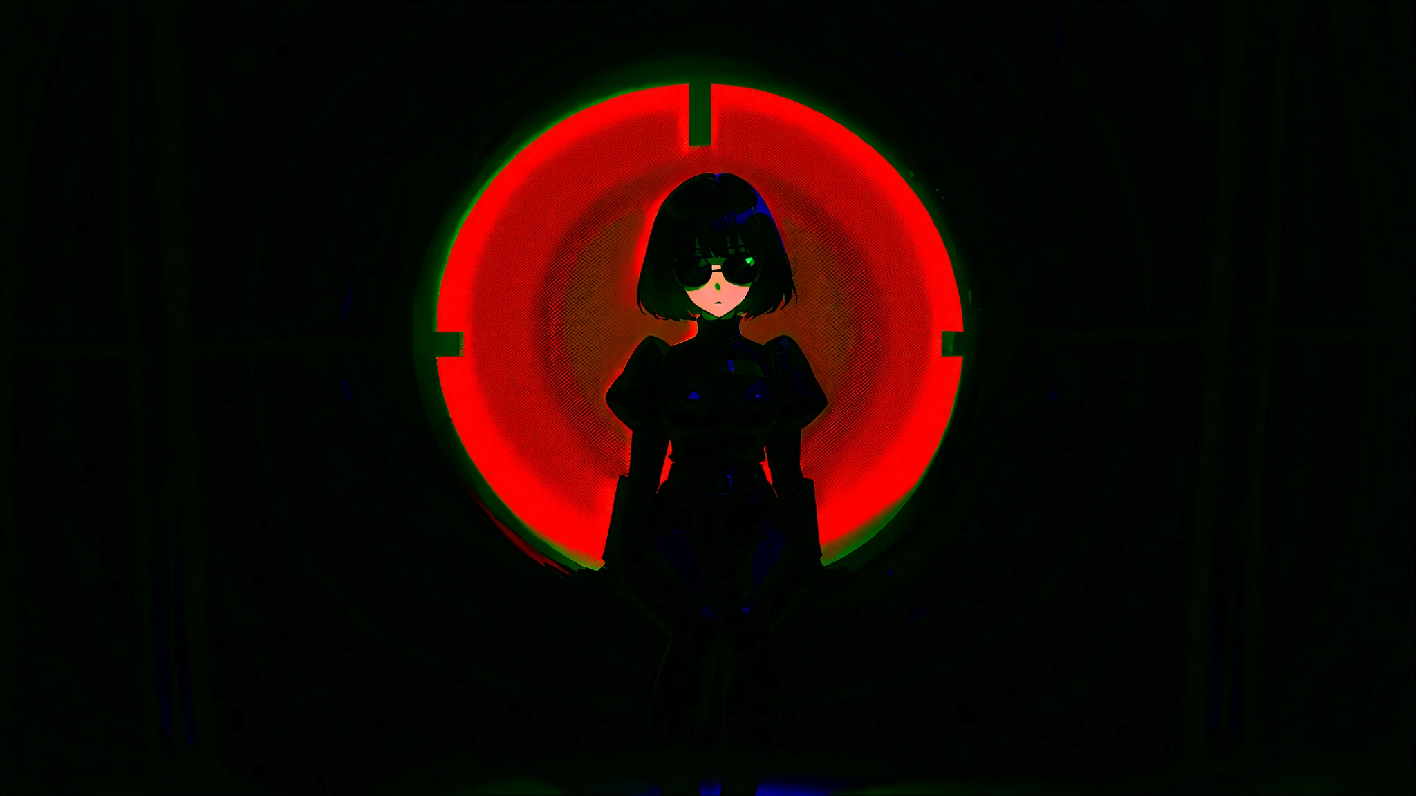 beautiful anime female sitting in dark room in space station, big circle window behind her, mysterious spotlight on female from above sunglasses red out fit