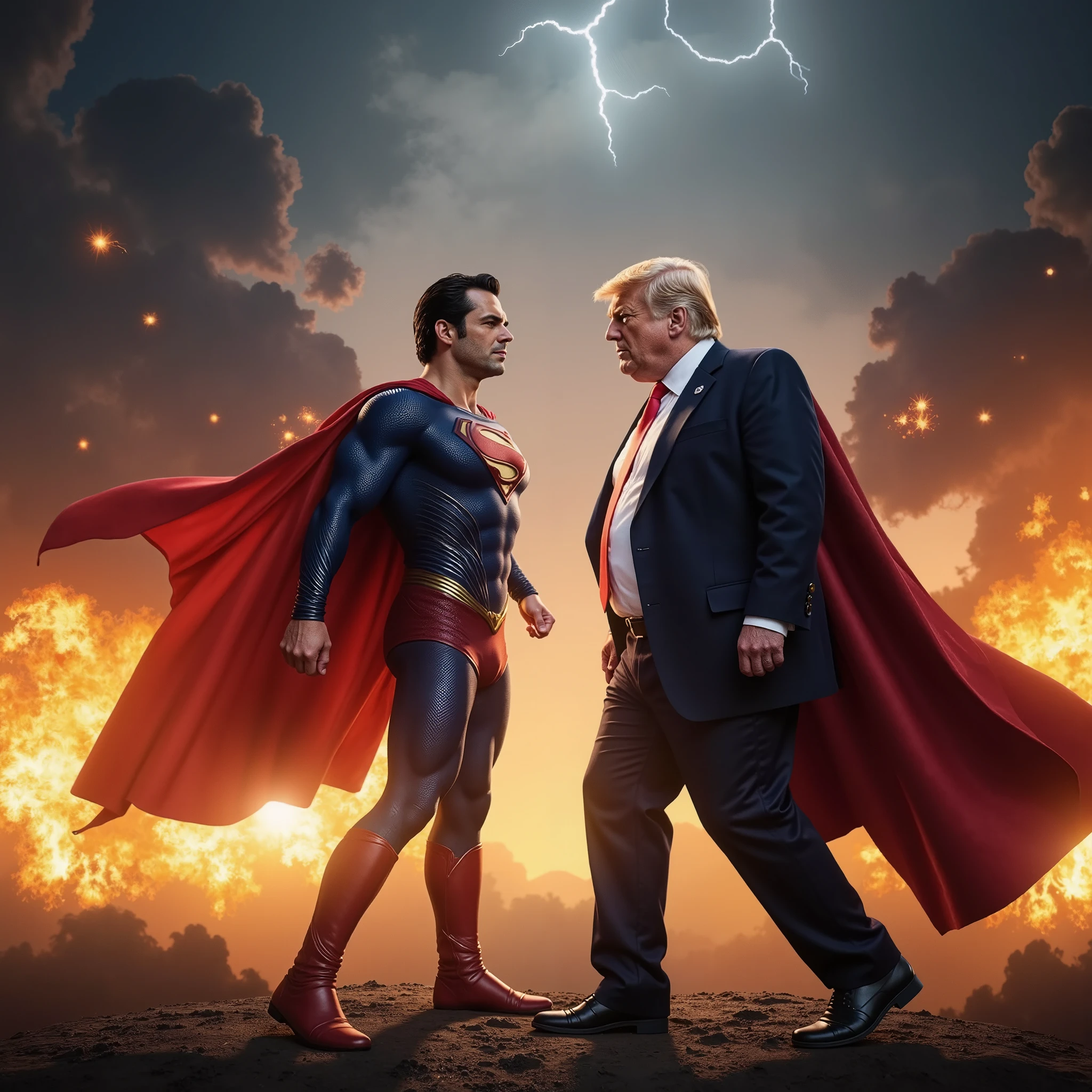 両者にSuper Saiyanのようなaura、Supermanの青、playing cardsの赤、auraが衝突し空気が歪むイメージ,Super Saiyan,Superman,playing cards,aura,Space Distortion,4K,8K,high resolution,Masterpiece,extreme detail,photorealistic,HDR,Studio Lighting,vivid colors,Bokeh