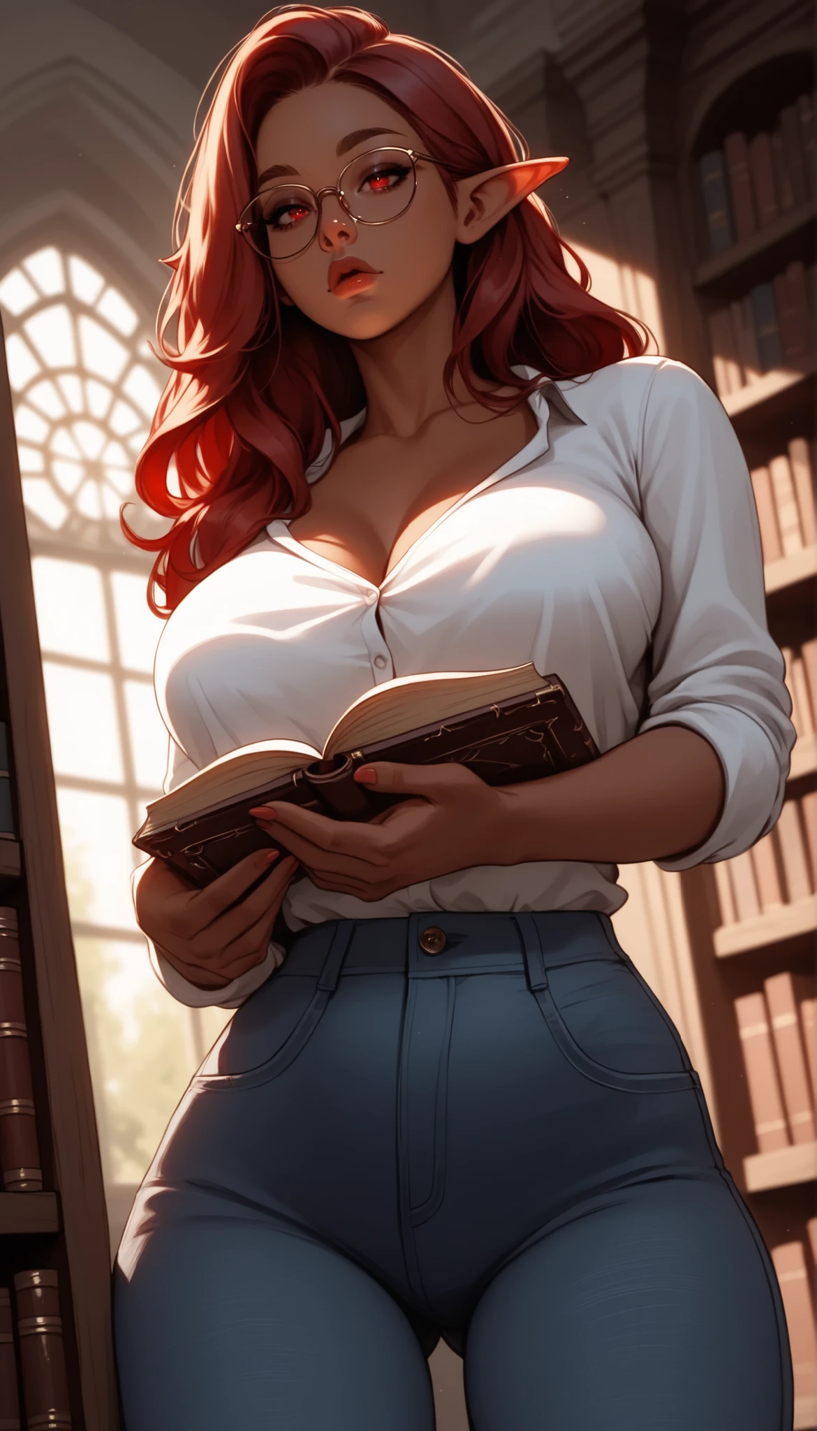 (library_interior, bookshelves, ambient_glow), (dark_skin, rich_shadows, warm_tones, glass_reflections), 1girl, dark_elf, long_hair, (red_hair:1.3), pointed_ears, large_breasts, voluptuous, red_eyes, elf_ears, glasses, white_top, jeans, holding_books, looking_up, (seductive), (low_angle), (cowboy_shot), (detailed_face:1.3), (sharp jawline), (high nose bridge:1.2), (pouty lips:1.2), full lips, soft skin, glowing_skin, refined_cheekbones, arched_eyebrows, visible_philtrum, (masterpiece:1.2), (best quality:1.2), ultra detailed, 8k, watercolor, cinematic lighting, volumetric_lighting, rim light, soft shadows, ((forced_perspective)), (Diminishing scale perspective:1.3), (lora:Yandere Queen:0.85), (lora:SDXL high detailed. LoRA_SDXL_ARW_0010:0.75), (lora:Waifu Eyes:0.5), (lora:NKxXmo's Shaded Face:0.5), (lora:NoobAI-XL Detailer:0.6), (lora:Detail Tweaker:0.65)