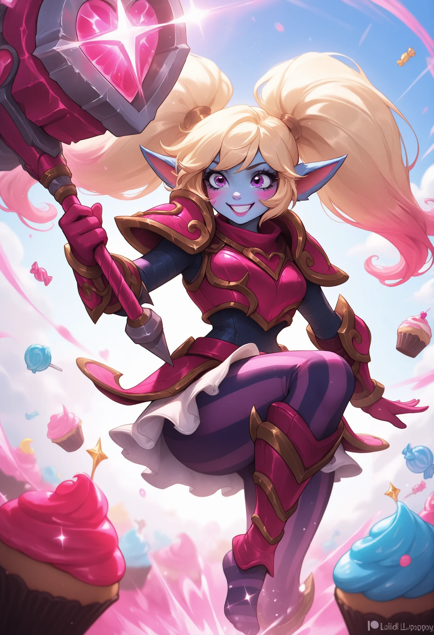 Poppy (League of Legends) ,Lollipoppy, candy-coated pink armor, (giant heart-shaped hammer:1.2), licorice-striped leggings, gumdrop rivets, playful mid-swing animation, (sparkling sugar dust:1.1), cupcake battlefield with frosting terrain