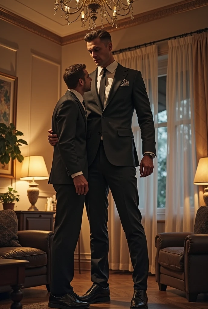 a giant, crazy and incredible tall young man carries and lifts a very short male, focus on height difference,