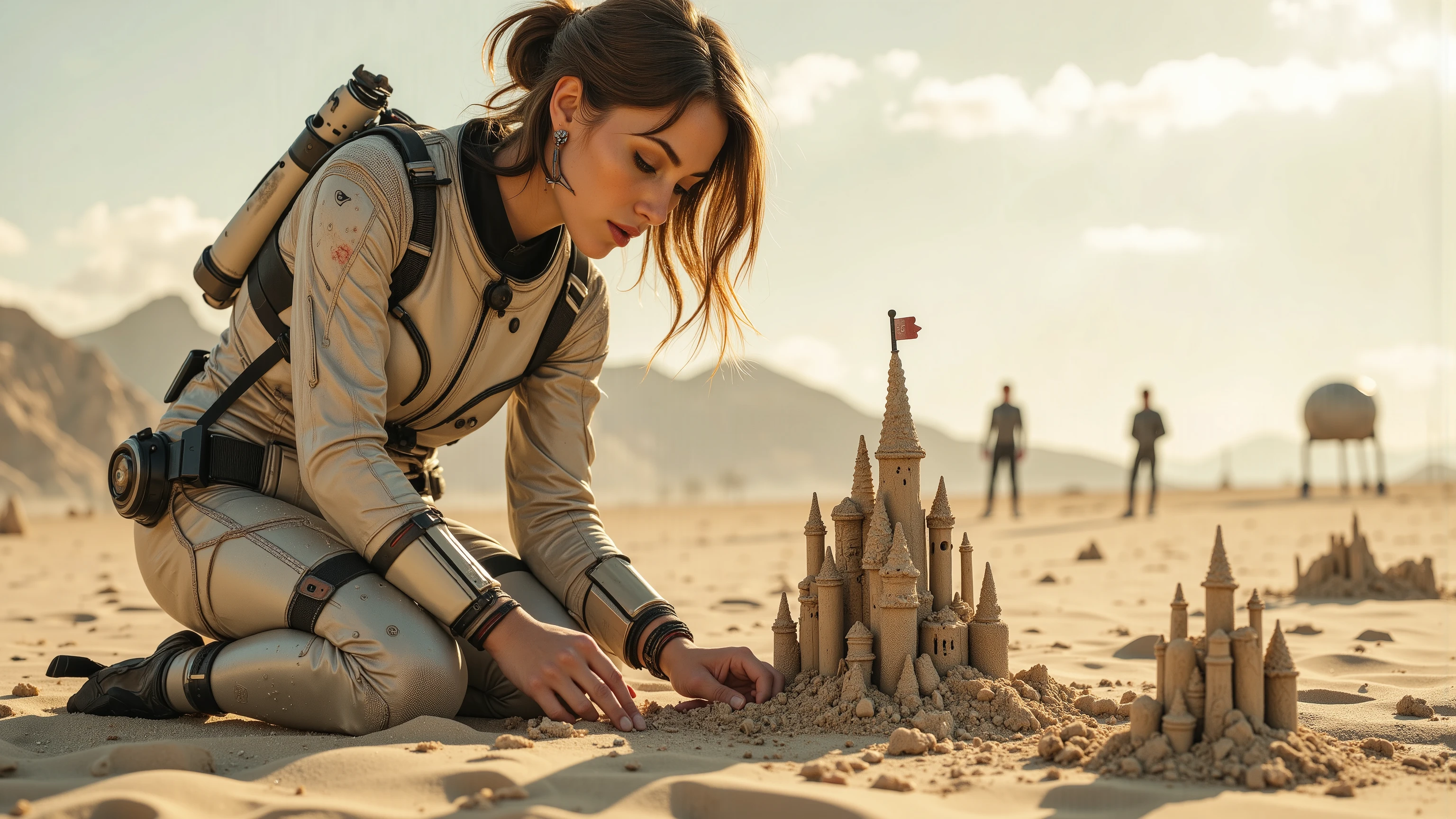 A young woman in a futuristic space suit, kneeling on a sandy planet, building intricate sandcastles with a serene expression. The scene is framed mid-shot, with the vast, barren landscape of the planet in the background. Soft, diffused lighting highlights the details of her suit and the sandcastles. The composition centres on her hands as she carefully shapes the sand, with a sense of tranquillity and focus. extremely detailed realistic natural skin with skin pores, perfect face, highly detailed face and lips, ray tracing, UHD, HDR, 16k, DSLR, masterpiece, photorealistic, award-winning