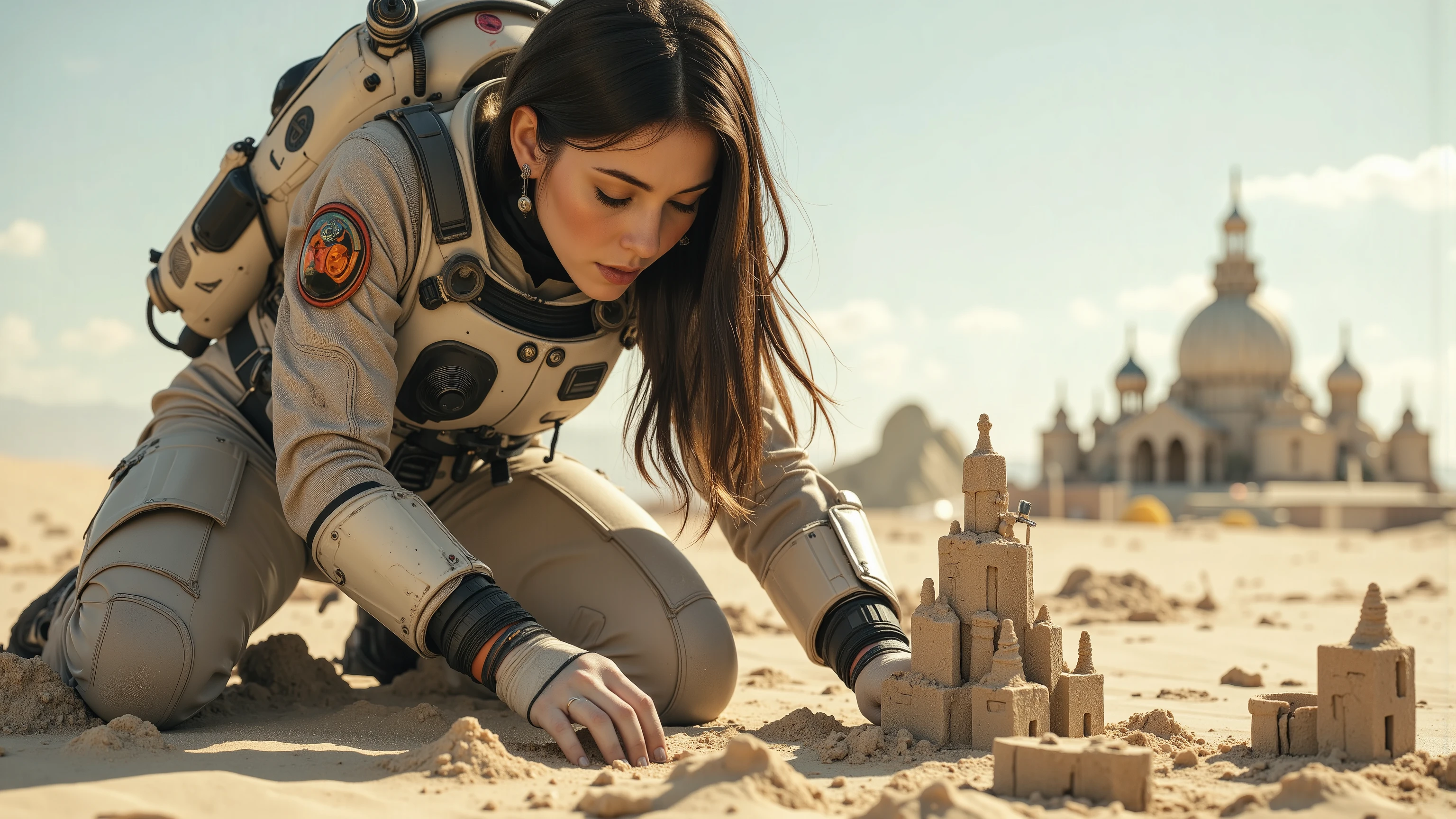 A young woman in a futuristic space suit, kneeling on a sandy planet, building intricate sandcastles with a serene expression. The scene is framed mid-shot, with the vast, barren landscape of the planet in the background. Soft, diffused lighting highlights the details of her suit and the sandcastles. The composition centres on her hands as she carefully shapes the sand, with a sense of tranquillity and focus. extremely detailed realistic natural skin with skin pores, perfect face, highly detailed face and lips, ray tracing, UHD, HDR, 16k, DSLR, masterpiece, photorealistic, award-winning