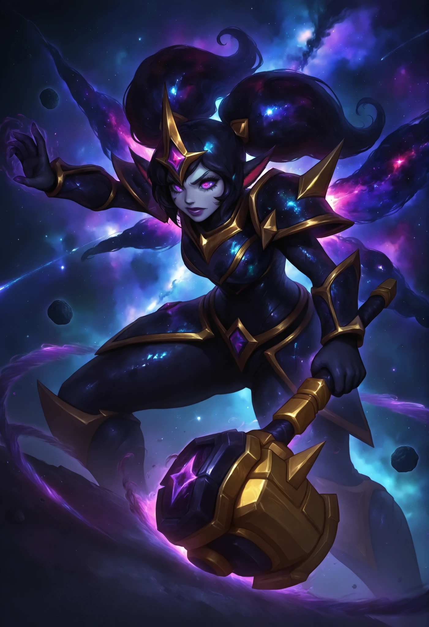 A adventurer woman (yuna, muscular, lean, sweaty, big butt, sexy explorer outfit) is using a machete to clear a path through a dense alien forest, tentacle vines reach from trees, she is carving a trail to an eldritch spire, 3 nightmarish moons hang in the starry sky each a different color, grand panoramic view of an alien landscape