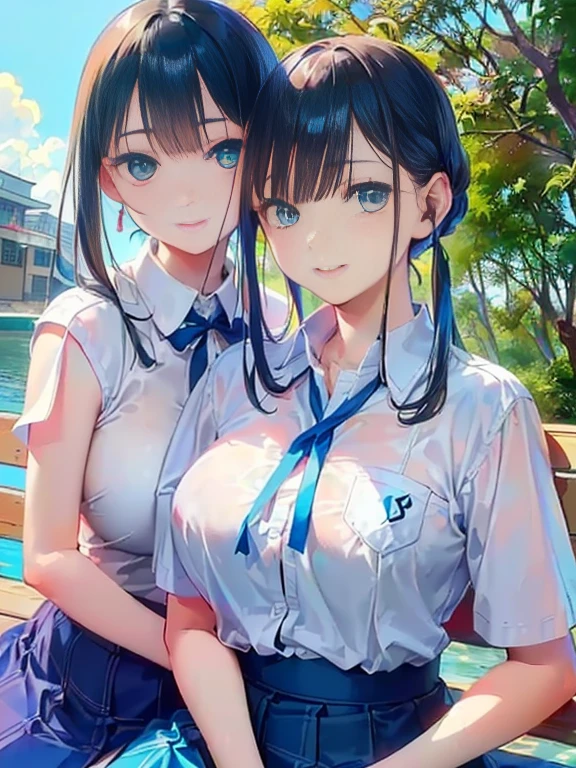 highest quality、High resolution、Detailed Background、(Beautiful face in every detail:1.4)、Anatomically correct、(Detailed facial expressions)、(Detailed eyes:1.2)、Teenage beauty、(Highly detailed face:1.4)、(Huge breasts:1.3)、Cute hair colour、Bobcut、ponytail、Twin tails、well-groomed eyebrows、Accentuate your breasts、Glasses、Thin, white, sheer, sleeveless sailor dress、White sailor collar、Poolside、My clothes are wet and transparent、Blushing、(Two beautiful girls looking at me with embarrassed expressions:1.5)、Cowboy Shot