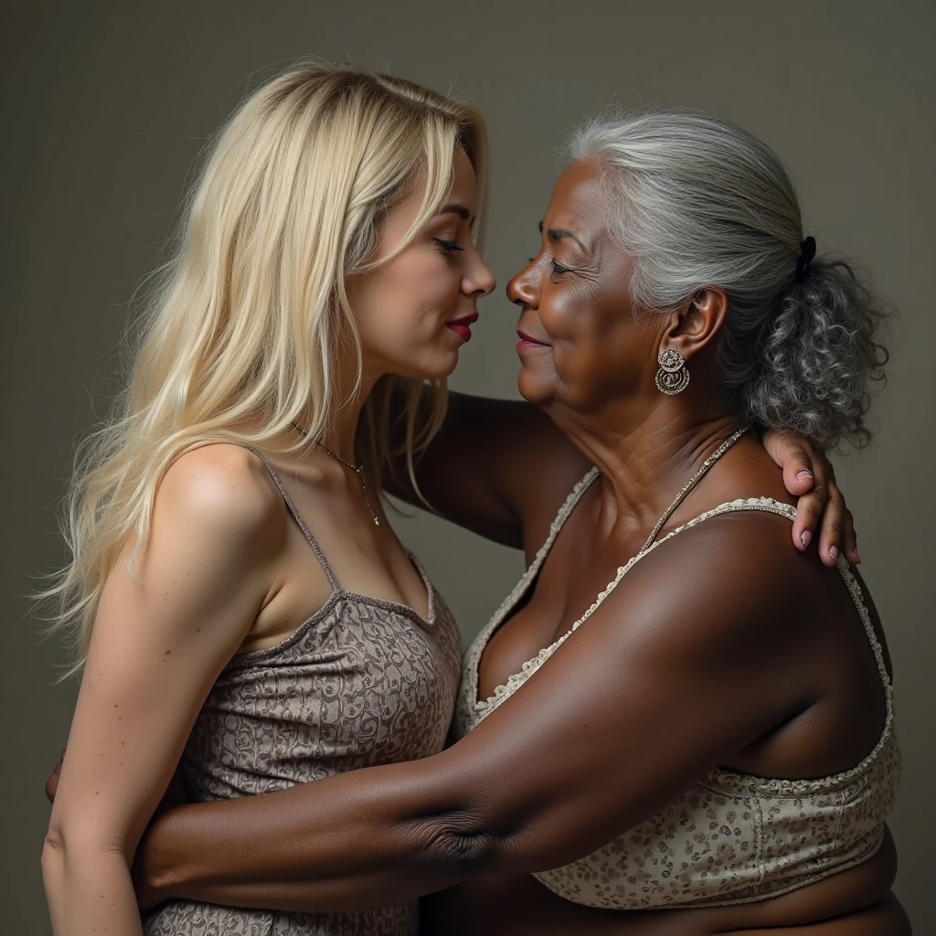 Create a photo of a 30 year old young white woman, with a slender and beautiful body, with hoop earrings, wearing jeans and an open white shirt without a bra with bare breasts, with white and clear skin, with long light hair and being picked up and carried in the arms of a 90 year old elderly black lady, obese woman who has dark black skin and is wearing a blue dress and glasses