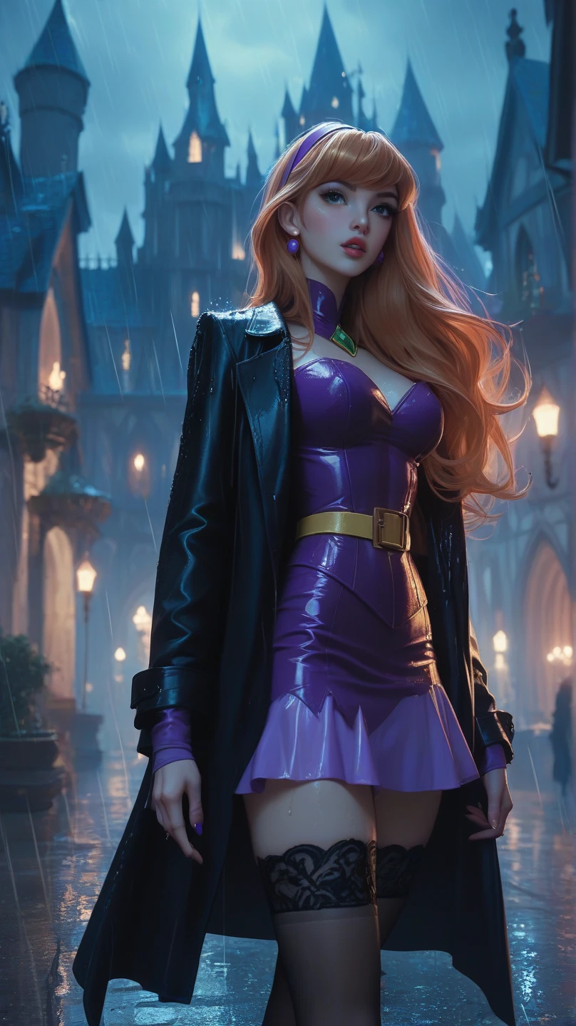 A young woman, patrician, Daphne Blake from the Scooby Doo anime, western facial features, blue eyes, pink lipstick, natural red hair at shoulder height, a green scarf, short dress and glued purple color, purple shoes, slender and elegant, very sensual, posing for photo, large breasts, innocent look, cute, eye makeup only with black pencil, short purple glove, fog, dark, 3 a.m., cloudy night, horror weather, dawn, village at night, suspense, (masterpiece, blurred background, natural lighting, depth of field, ultra detailed and realistic photography, 100mm lens), portrait style