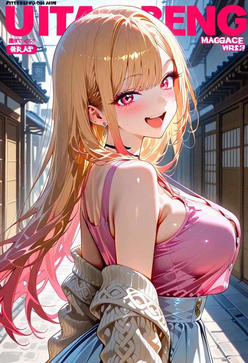hight resolution, Schatten, absurdres, bester_Quality, Ultra_Detailliert, 8K, extremely_klar, Foto, beautiful, Beautiful face, Scharfer Fokus, HDR, 1girl, Saubere Augen, wide-eyed,Background of a Japanese small old town street with paper lanterns, um Mitternacht, Background darker than the girl in front of it, Beautiful face, big tits, sehr roter Warzenhof, stehend , stehnde brustwarzen, very seductive pose, Blutjung, Kein BH, nackt, nackte Brust, nackte Brust, Kein Top, NSFW, Blond long hair with red stripes,