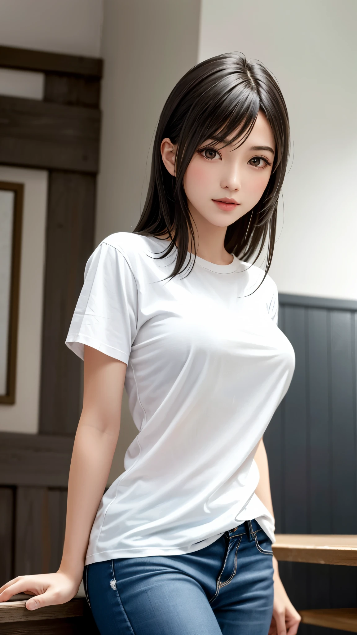 Masterpiece, best quality, (dark photo: 1.3), realistic, 1girl, flat bangs, stunning innocent symmetrical face, shirt, emotional, ulzzang, (PureErosFace_V1:0.7), one-piece, white, huge boobs, thin waist, big ass, looking from the bottom up