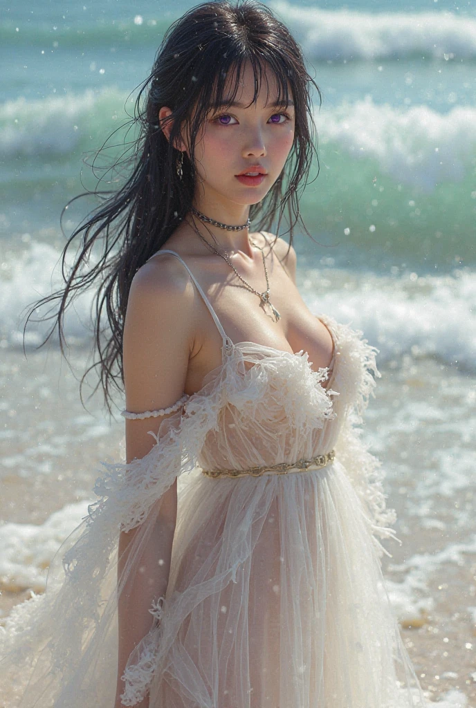 bioluminescent dress
butterfly dress ((1girl, whole body)), Exquisite makeup,Blush,blush,Shy expression,big eyes, Big eyes,Seductive eyes, in an elegant pose, her full breasts on display.,Visible cleavage,Sexy long legs,Her skin is flawless,The skirt is short, seaside, Walking in shallow water,Waves拍打在她的身上, whole body湿透 沙滩, Waves, Blue sky and white clouds, Close-up shot,Focus on the characters,Ultra HD,Best quality,The colors are soft,Warm colors,Emphasizing natural beauty and elegance,Sweet maiden,High Detail,best quality,Colorful
