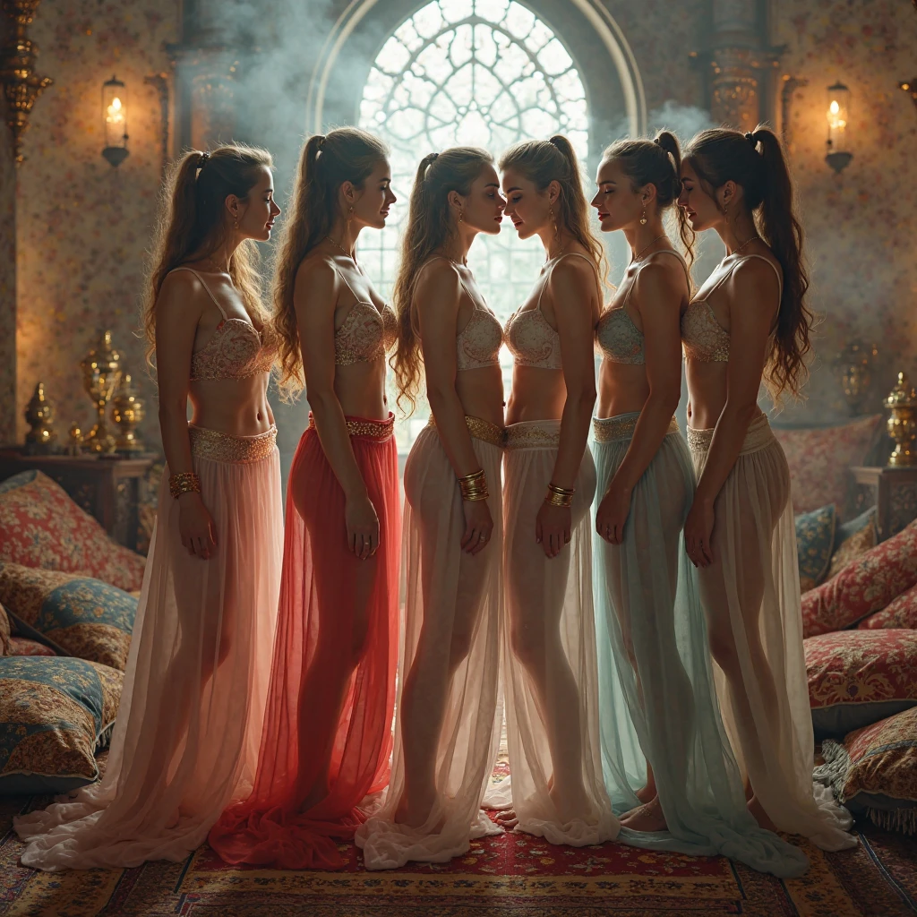 (Graceful Full Body of Extremely Detailed((Sexy Princesses Group in a row:1.37))), KAWAII perfect face with Reflective Eyes, Detailed(Delicate Clothing textures), Correct Graceful Legs, Dynamic Joyful Expressions LifeLike Rendering, Specular Reflection of mirrored floor, TopQuality 8K Ultra-detailed masterpiece (ProfessionalPhoto:1.37), (Acutance:0.8), (Luminism:1.28), Renaissance art style, Portraits, Colorful Light particles, (Full body from side) {Kissing Face to Face|Cute Peach AssFocus|(NakedApron with (Overflowing Sideboob))}, Radiant Fine Skin with Transparency, (Exposed:0.4) {Pink Hair|LightBlue Hair|Blonde|Pure White Hair|Liquid Hair|Red Shoes}, Perfect Lighting