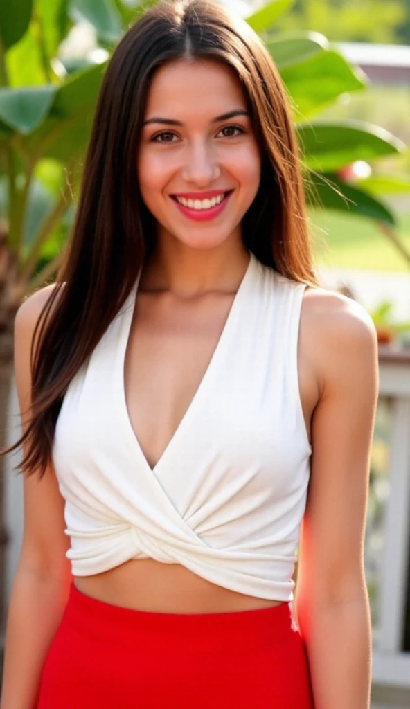 ((best quality)), ((masterpiece)), (detailed), photography of a 28yo Thai babe in the nature, tanned skin, with a tight white crop top, colossal tits, exposed cleavage, with a short black skirt, with long legs and black boots, long hair, perfect face and body, slim, enhanced  with surgery, realistic, happy grin
