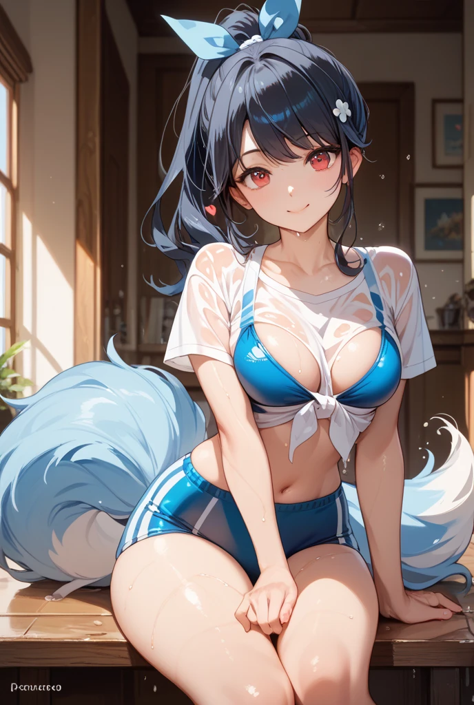 I am Yukiko, I am a white furred cat woman with long light blue hair along with cat ears and light red eyes with a blue cat tail. I am 1.62 cm tall , my breasts measure 200 cm, my waist 40 cm and my hips 200 cm. Dressed in a white mini skirt revealing the black thong she was wearing along with a short, tight black top. With big breasts 200 cm