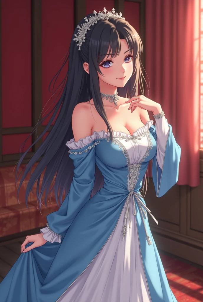 Photo of beautiful young woman, age 25, (((head in frame))), (full body), blue dress, perfectly beautiful, highly detail, dark hair, ((anime)), realistic anime portrait, anime photography
