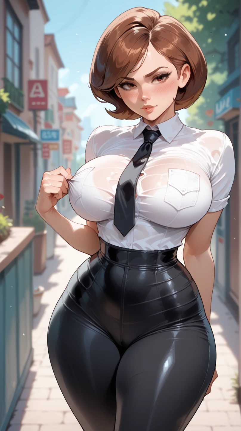 long black hair tied into a bun, emerald eyes, 36 years old, 32D breasts, small futanari bulge, city at night, fully clothed, white button up shirt, tight black skirt, tall, milf, hourglass figure, plump ass, toned body, expressive eyes, seductive, alone, pantyhose, looking away