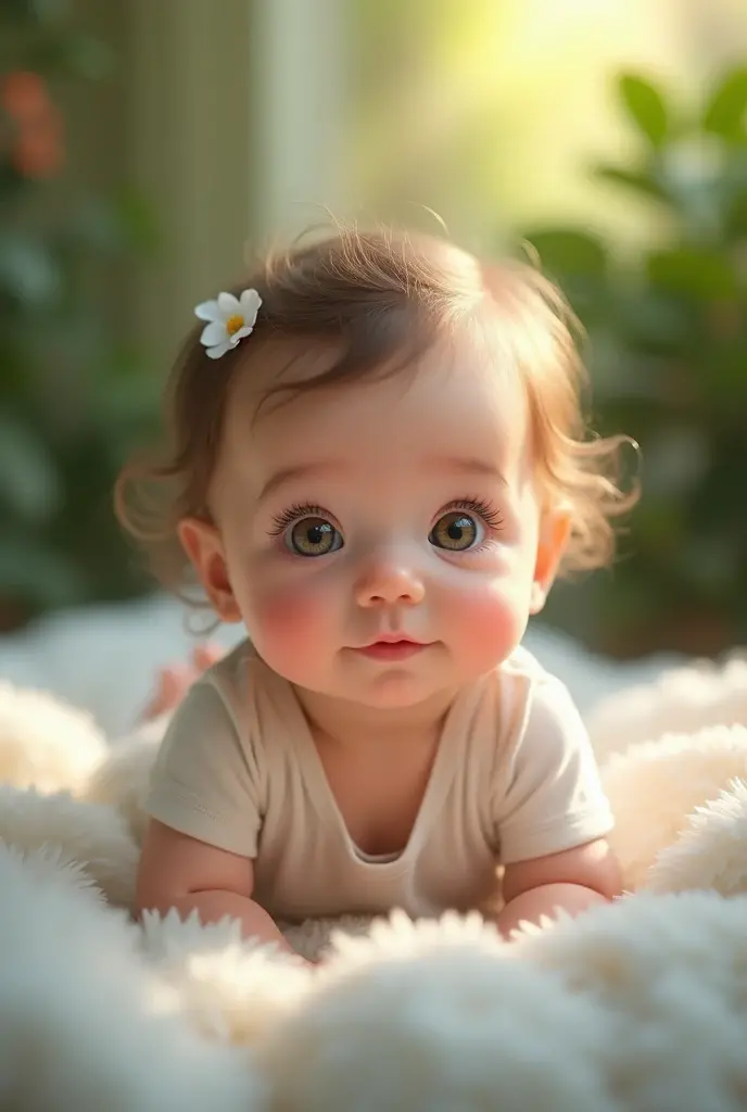 The drawing shows a baby lying face down on a soft surface, looking directly at the camera. The baby has a curious expression and is wearing a hairband decorated with yellow flowers, in addition to a bright pink dress or outfit. The baby's hands are resting on the surface, and he appears to be in a bright environment, com um fundo neutro.