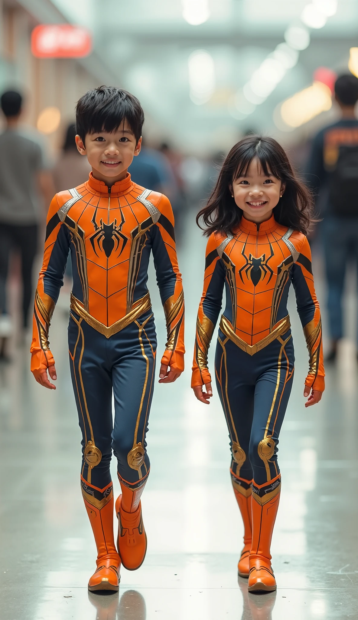 A seven-year-old boy dressed as a spiderman and a five-year-old girl dressed as a vandinha in the enchanted world, full of danger and adventure --auto --s2