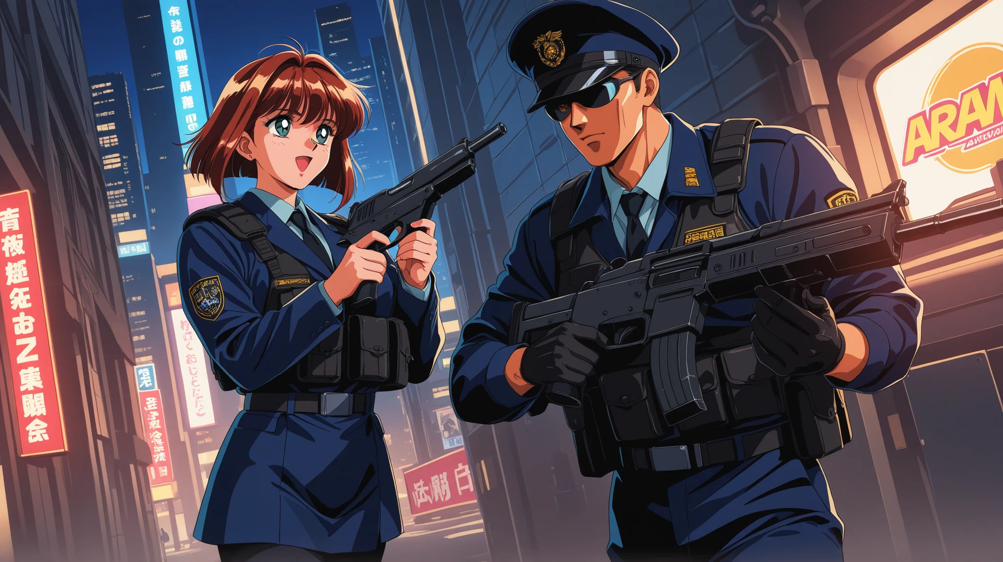 armed man in city retrowave 90s