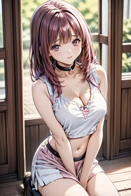 Masterpiece ,best quality , high resolution , ultra detail , colorful , soft light , mild light , sunlight , shinny ,  (perfect fingers , Detailed fingers,  perfect hands) , (1 girl solo:1.38) ,  (sunglasses, eyeweard on head, purple hair, purple eyes ,neck-ribbon , hairband) , (navel , belly , narrow waistline , crop top , denim microshort:1.3 , bow , chocker ,  belt) , arms behind back,  armband, thigh strap, ) ,  (sitting , sitting on floor) , (cleavage:1.3) , (medium breast:1.3) (outdoor , cherry blossom , river , tree , cherry flower , cherry flower , strong wind)  , ( full face blush , shy ) , (middle length shot:1.2 ,  knee_up-shot , close view , near shot) , (face viewer , look at the viewer)