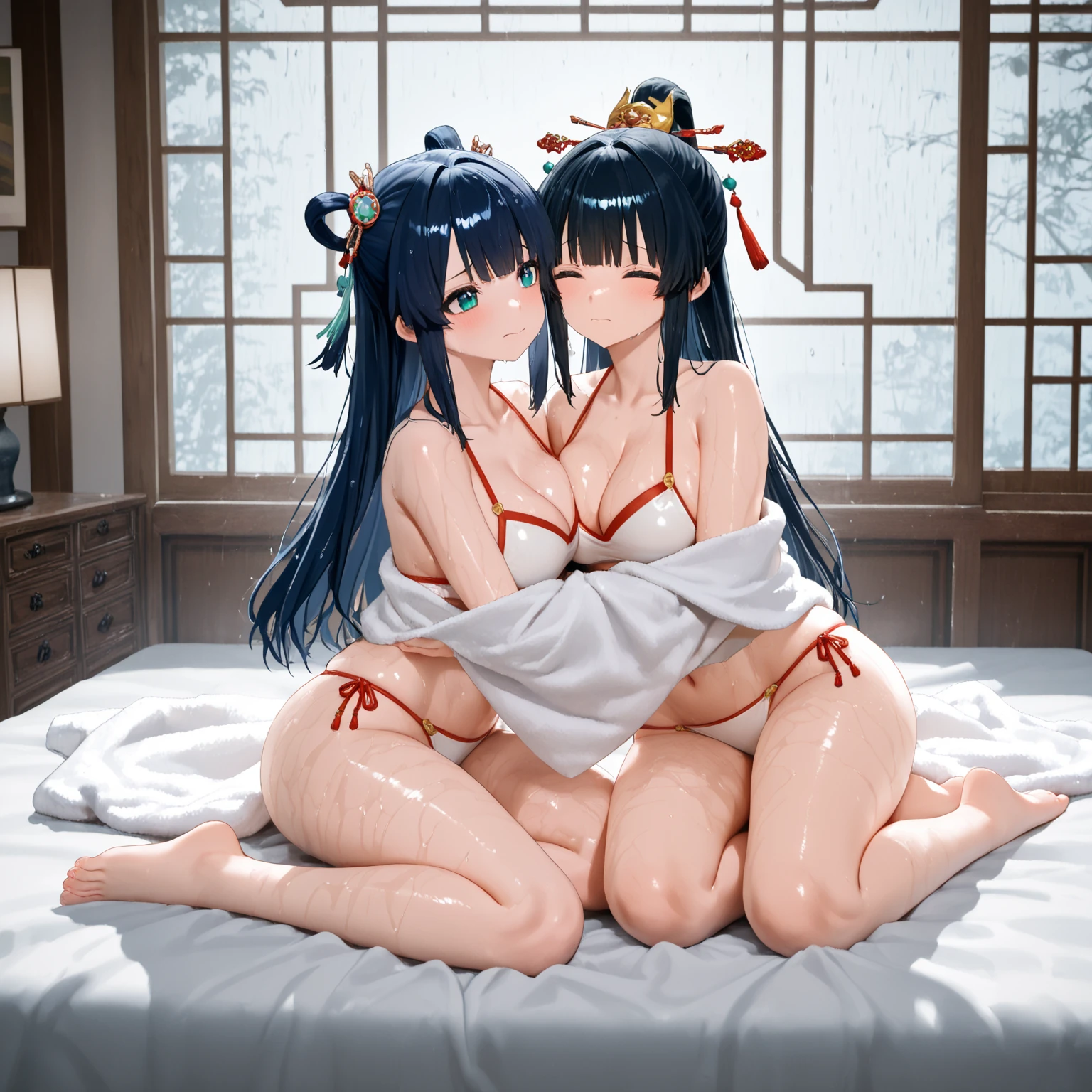 nipples, girls, pussy exposed, small breast, ((cleft of venus)), embarrassed, indoor, shoji, tatami, slim legs, slim girl, from below, licking pussy each other, (masterpiece:1.2), highest quality, High resolution, black hair, Perfect lighting, Highly detailed CG, (Perfect hands, Perfect Anatomy)