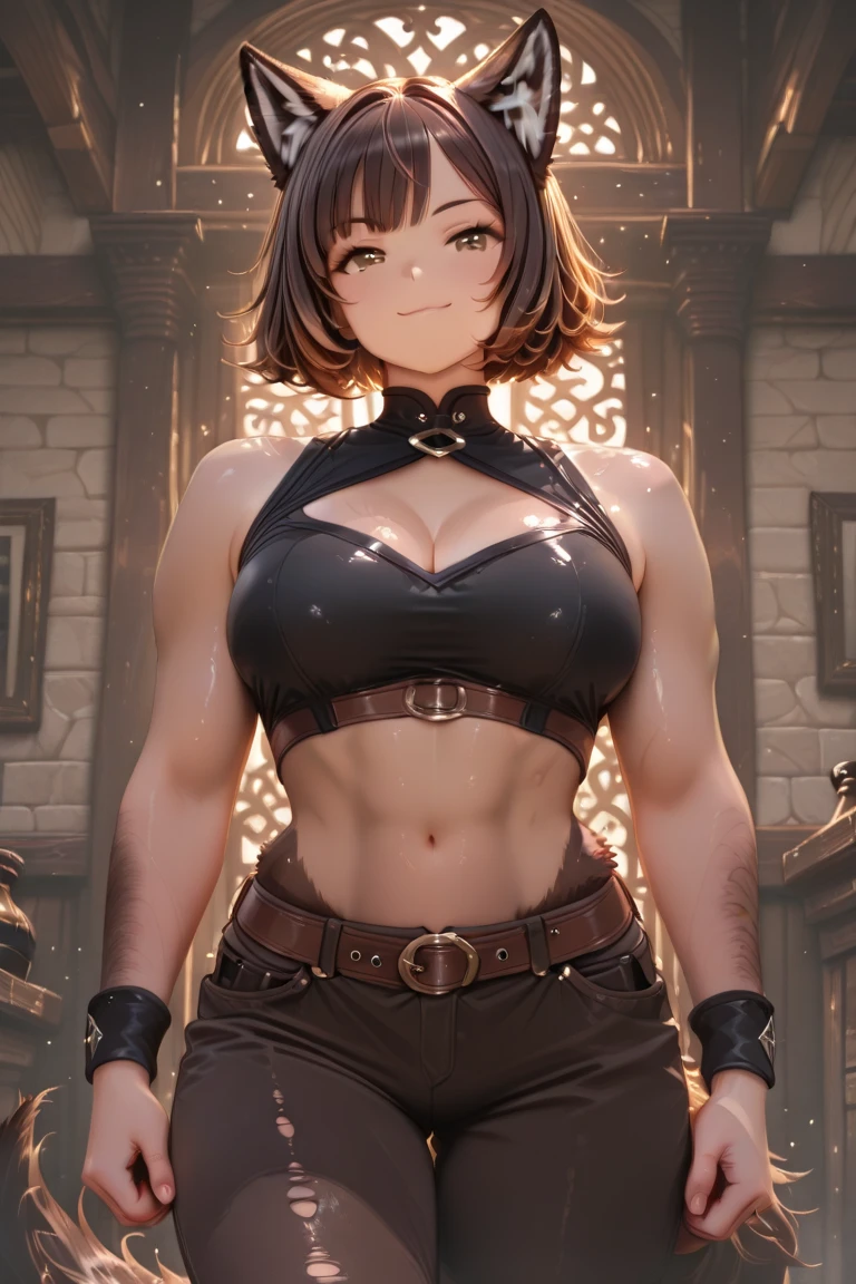 girl, red hair, short hair, medium hair, yellow eyes, athletic body, cleavage, white shirt, smilling, sure, fighter, gloves, brown skintone, thick brows, light armor, ahoge, tanned, brown color shorts, leather armor, messy hair, tanned skin,