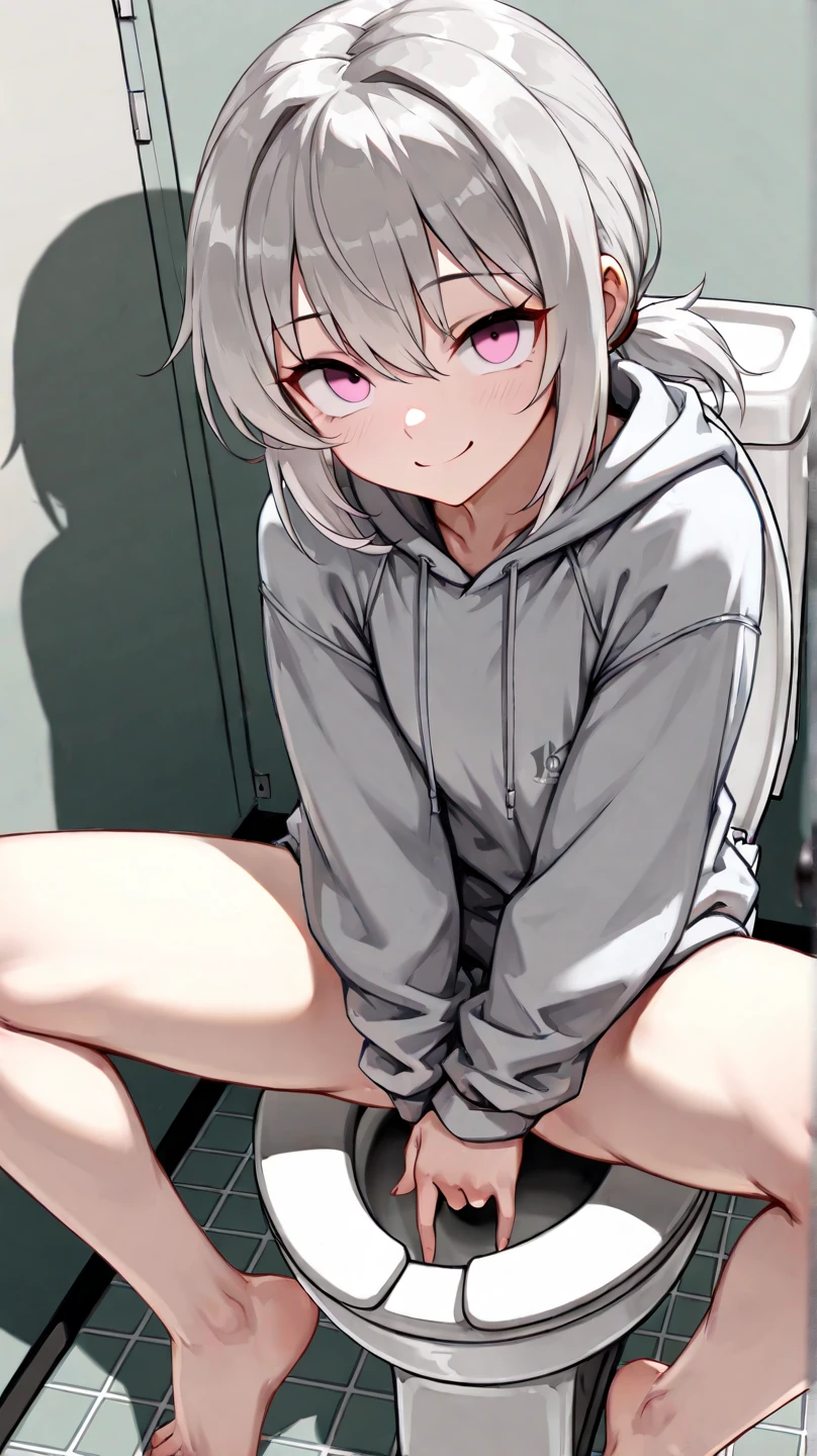 (highest quality),8K,masterpiece,1 girl, alone, grin and laugh, :3, (Angle from below:1.3), ( look down on with contempt:1.3), bob cut, twin tails, full-face blush, half closed eyes, gray hair, pink eyes, pink hair,skirt, hoodie, white panties,パンティからleak, ((shirt lift, lift it yourself)), blush, tooth, Small devil,from below, vapor, Small Hearts Background, in a public toilet,leak,droop