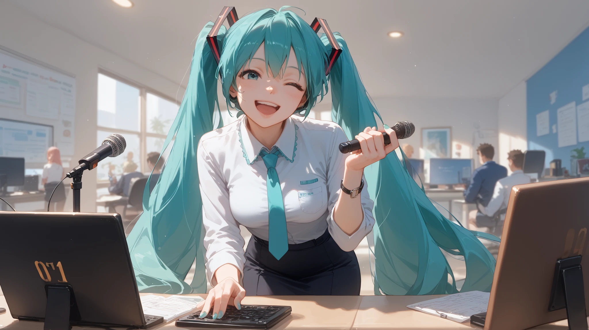 Hatsune Miku is cosplaying as an office lady, black ribbon to bind hair、Blue-green long hair、facing the front、smile、singing a song、