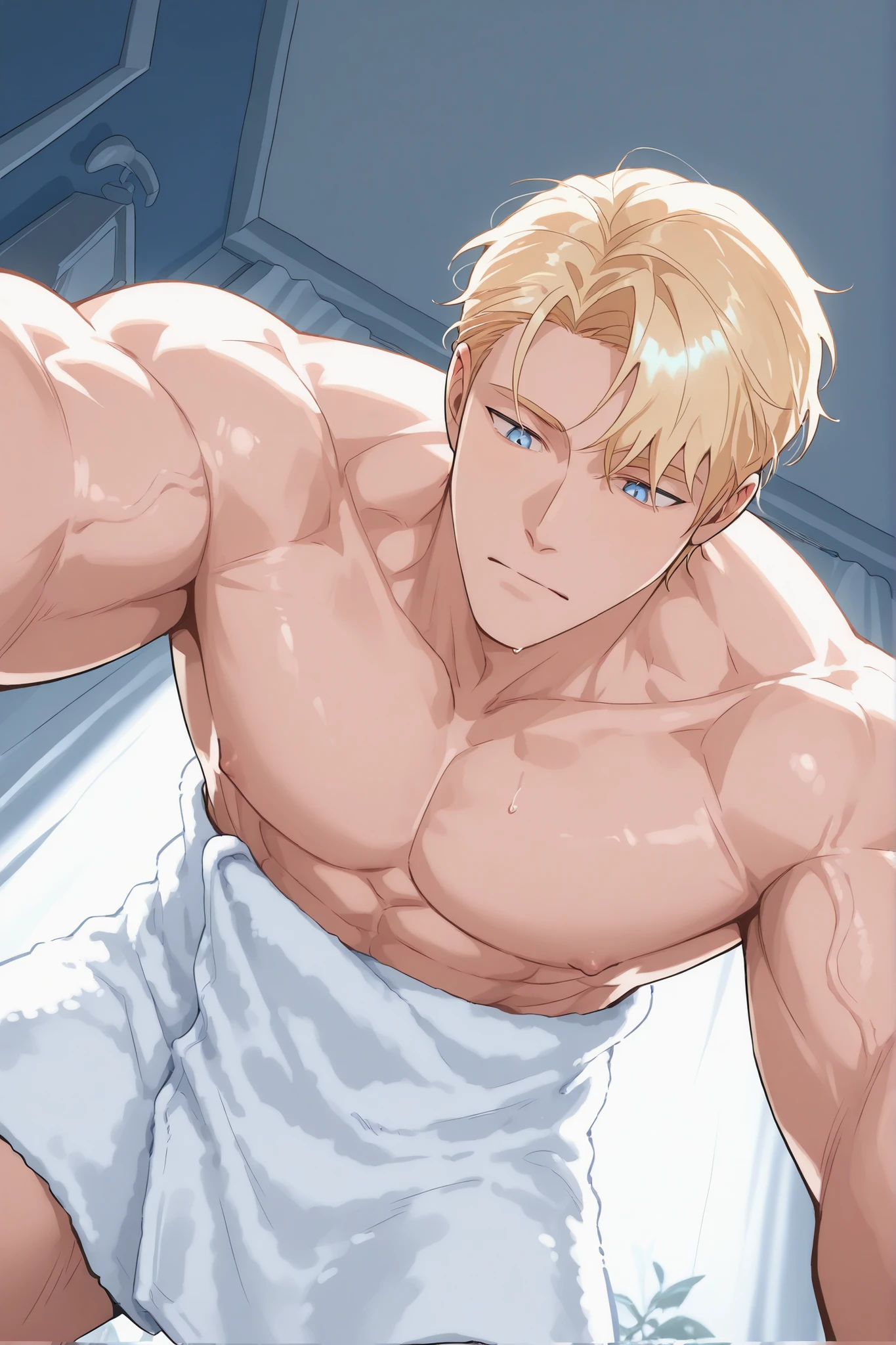 1 sexy blue eyes blonde hair male wearing a white towel, sexy male, seme, close up focus on character in down to up angle, in a bedroom, cut muscle build