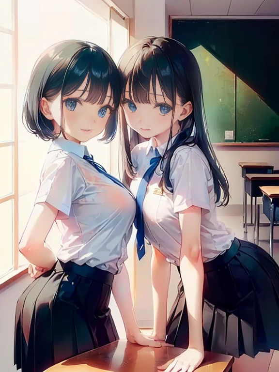 Highest quality, Very detailed, masterpiece, One personの少女, classroomの椅子に座る, talk, Smile, 15yo, (low twintails:1.2), Low Pigtails, Black Hair, Long Hair, (Navy blue sailor suit:1.4), Blue ribbon, Long sleeve, School desk, School Chair, classroom, from the front, window, Schoolyard, distant cityscape, A town with hills, Ocean, sunset, anime, One person
