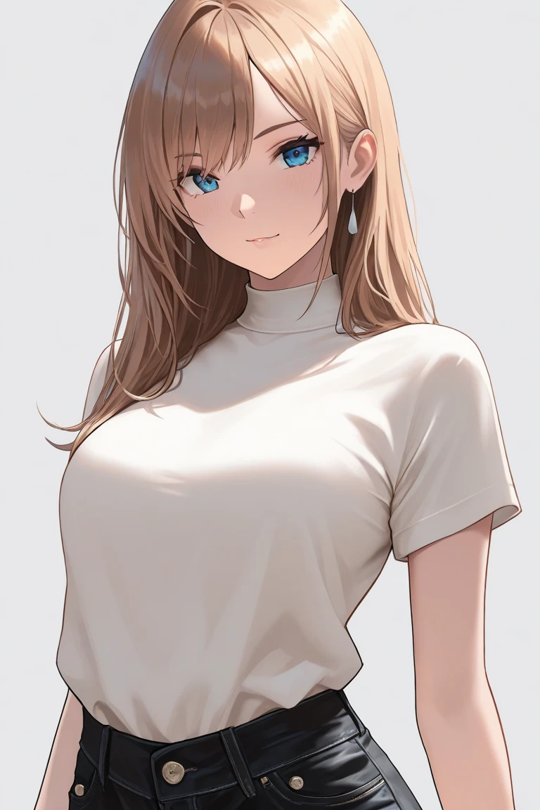 (best quality:1.5, highres, UHD, 4K, detailed lighting, shaders), white curly floral haired, gradient hair, large breasts, suit, T-shirt, social shirt, short skirt, mature woman , (pov), white background, colorful eyeshadow, dramatic lighting, sparkling eyes, sensual expression, golden earrings, flowing hair, delicate facial features, brown skin, high cheekbones, urban setting, black background, dont look for the camera, lean forward, sitting on a chair upside down,  behind  the camera