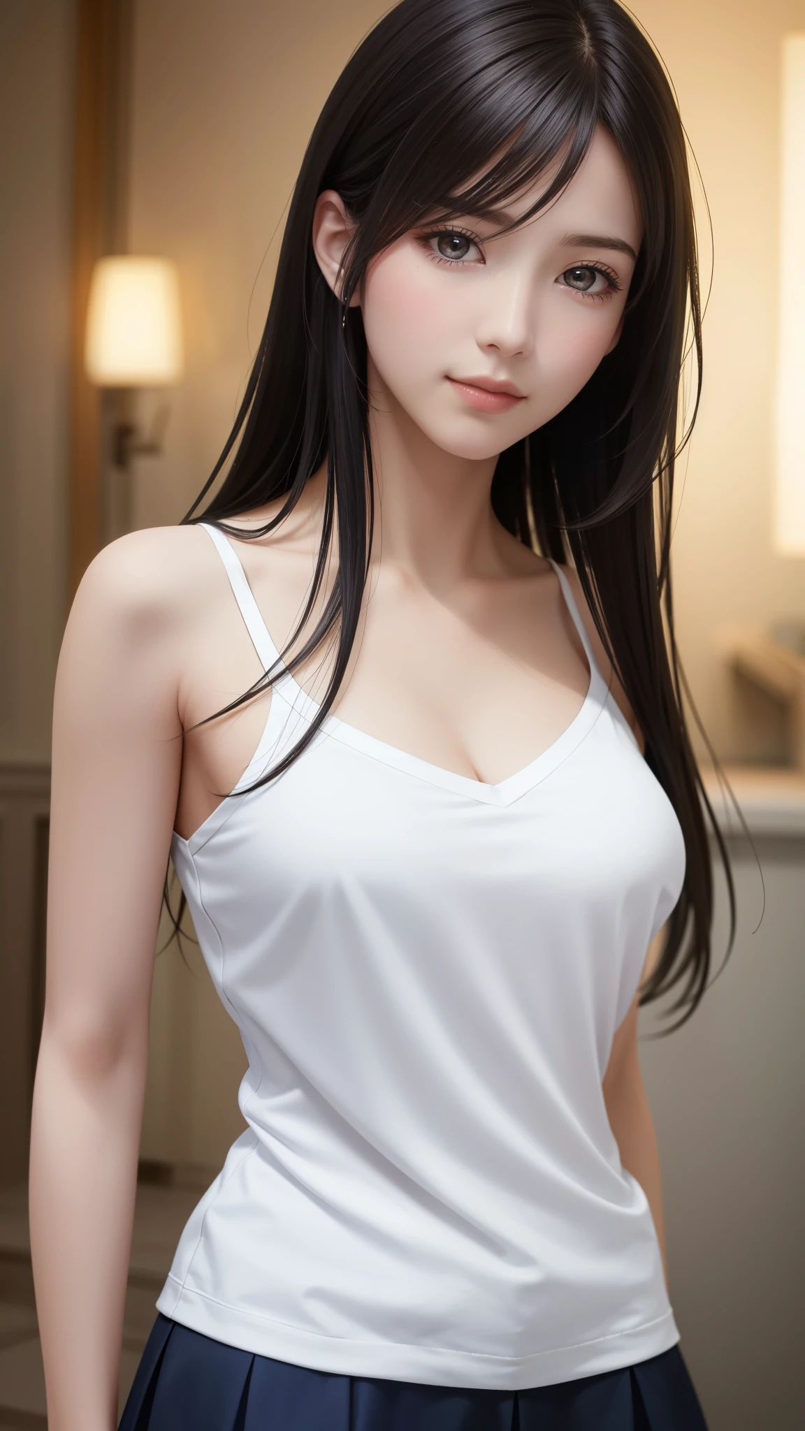 (top quality, masutepiece: 1.1), (Realistic: 1.3), BREAK (((FF7,Tifa_lockhart,solo))),(location: a cozy coffee shop with warm lighting),(gravure pose:1.2,idol),Ultra-detailed face, Detailed eyes,Red eyes, BREAK (((FF7,Tifa_lockhart))),(black brown hair, Large breasts: 1.0), BREAK (wearing a tuxedo:1.5,white shirt),(no bra),(Small and beautiful hard nipple),About 18 years old,kawaii,shy:1.1,happy, smiling