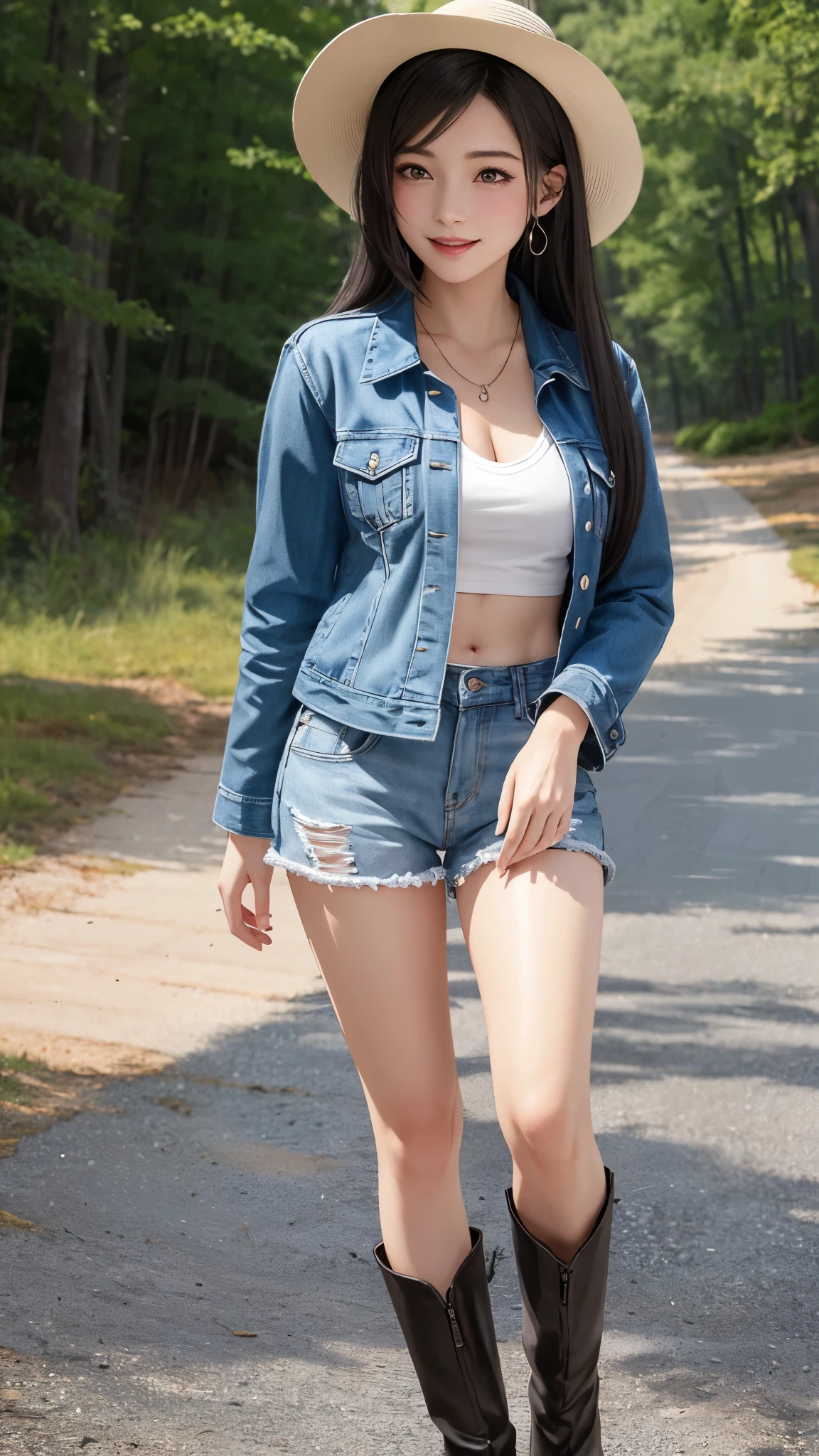number, Ray Tracing, Radio City, Anisotropic filtration, 16,000, best quality, 1 woman, alone, mature, beautiful young woman, shorts (((เสื้อกล้ามรัดรูป denim jacket shortsรัดรูป))) , Gradient long hair, laugh、sunset ,((big breasts)) (((Standing in a tall meadow))) Sit with your knees bent., The sneakers are on.