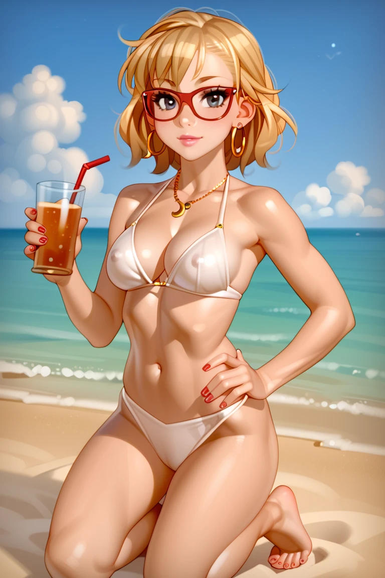 codeGeass style, best quality, outdoors, beach, detailed background, 1girl, solo, sexy, 36-years-old, tan olive skin, short blonde hair, pony tail style, emerald eyes, eyeshadow, mascara, red lipstick, ((Wearing a flossing green bikini and sunglasses)), she’s looking at the camera with a calm smile, walking, ((holding a beer can in one hand)), ((masterpiece))