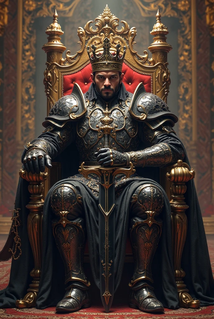 (work of art, work of art), tarot, cards, (Delicate facial features), Male Emperor, tails, elsword, sitting in a throne, serious expression, 8k, details Intricate, (Digital Works of Art), with your evil queen by your side