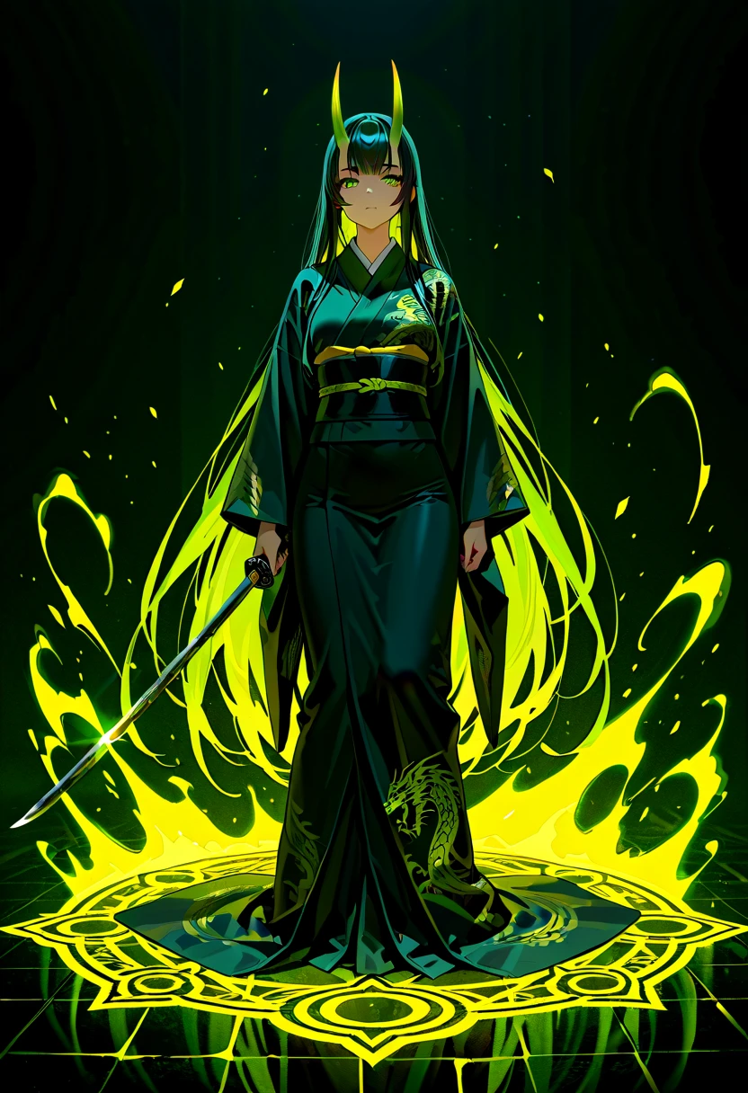 full body, Standing, Princess Zelda as Shinobi, costume all black with gold stripes, she has large breasts, (short black hair), ((wearing Oni mask on her face)), cut scar over right eye, (green eyes), a katana attached to her waist, blood all over her clothes, she is in an ancient ninja Temple full of swords stuck in the ground, Anime, masterpiece, 16k, award winning, best quality, high details, UHD, masterpiece, anatomically correct