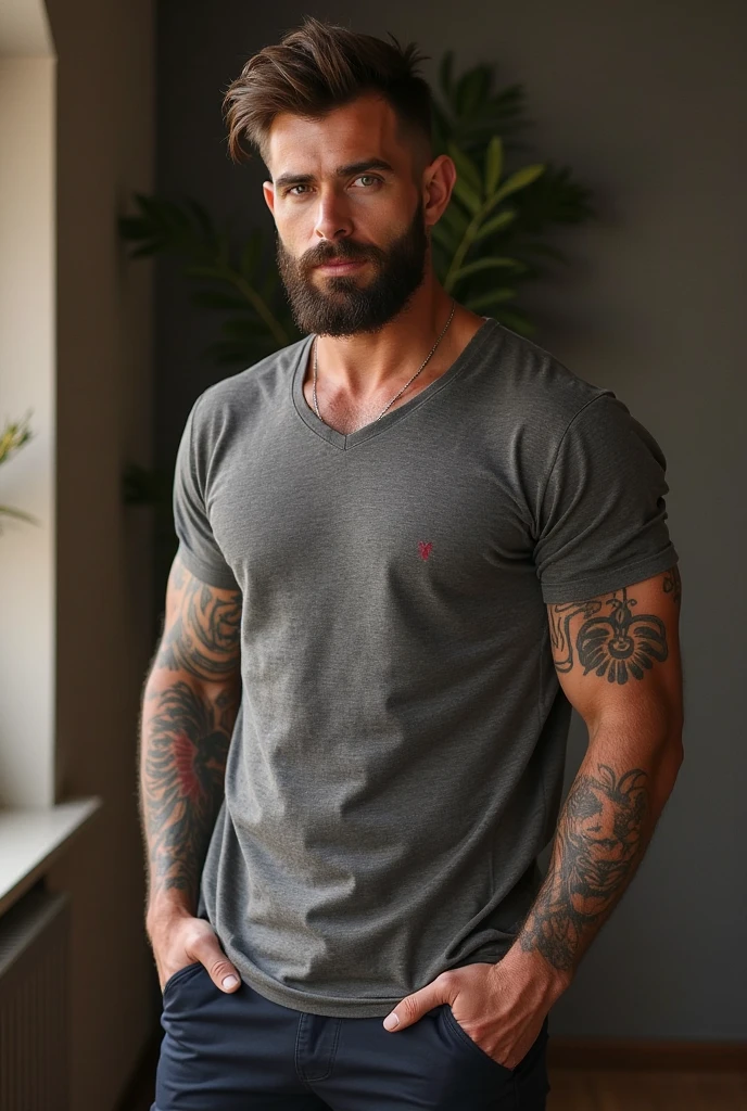 muscular manly man Adam Levine, 45 years old, full body , naked grey white jeans.