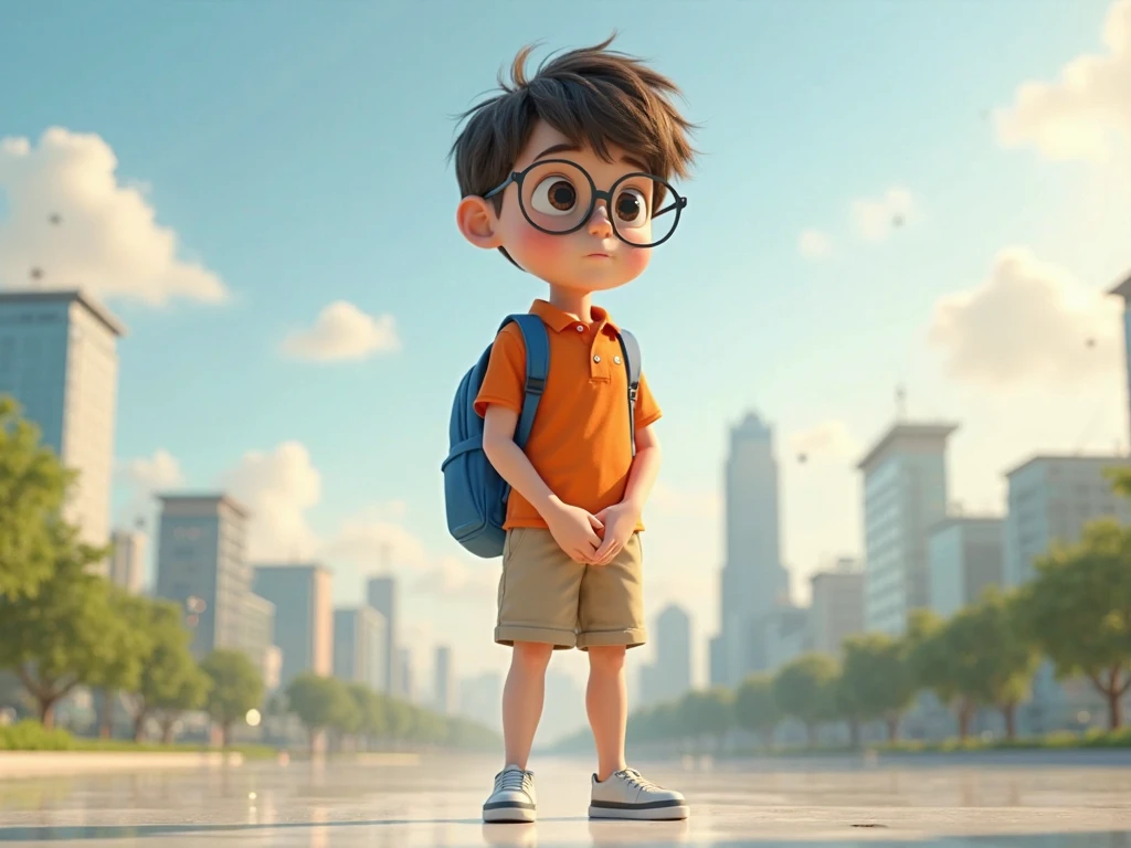 Image of a child for a story in a YouTube video in Pixar format, It's the little allabester, He's the leader of the class, Es entrovertido, Playful and gets up for many things, he has glasses and abundant hair and he is chubby but not so fat, he is in a place with several girls and he looks at them with sadness on his face, they are in a park, the boy and the girls must be seen