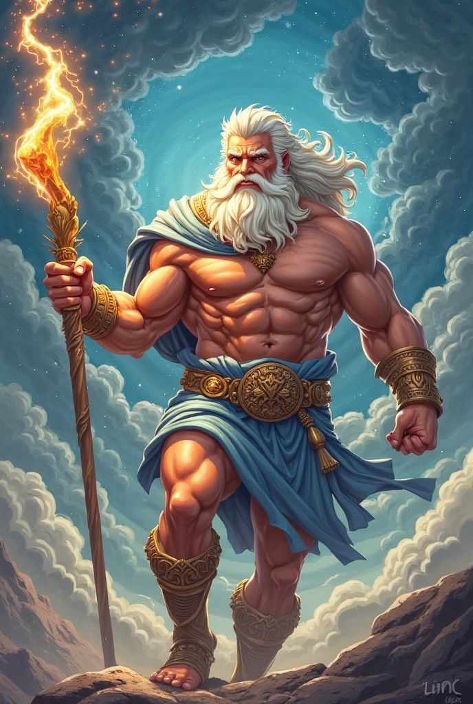 painting of a man in a robe with a staff in a cloud of fire, holy fire spell art, concept art of god, epic scene of zeus, furious god zeus, the god hades, rob rey, by Jeremy Chong, by Eddie Mendoza, the god zeus, by Aleksander Gierymski, by Pablo Munoz Gomez, by Shen Zhou