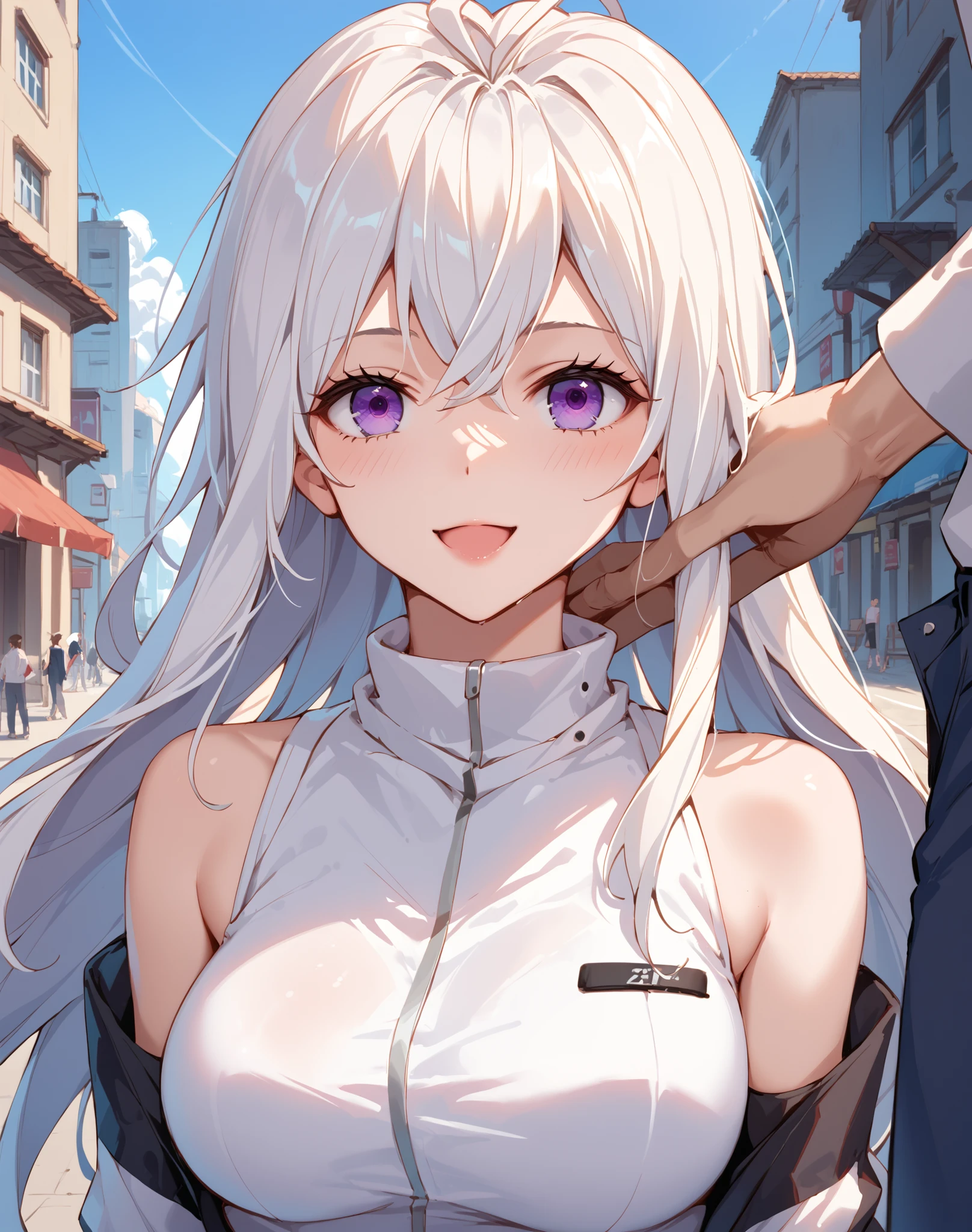 I_Uena,  white hair, long hair, purple eyes,  Hair antenna , guyuena's clothes, collared shirt, removable sleeves, jumpsuit sex slave, public, Break the viewer's gaze, Sexy face, cute smile, open mouth, Cowboy Shooting, BREAK Score_9, Score_8_climb, Score_7_climb, source_ Anime ,zPDXL,Manga, 