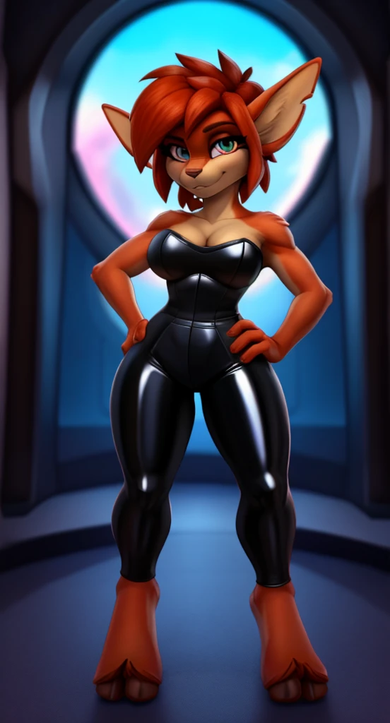 8k.4k,((Best quality, masterpiece, ultra high resolution)),((full body)),standing, by pixelsketcher, <lora:Clyde:0.9>,clyde,blue eyes, navel, cleavage,pants, midriff, orange hair,bare shoulders, shoes, orange pants,orange bandeau,antennas,fang, orange shoes, clothes around waist,human,black background, neon lights