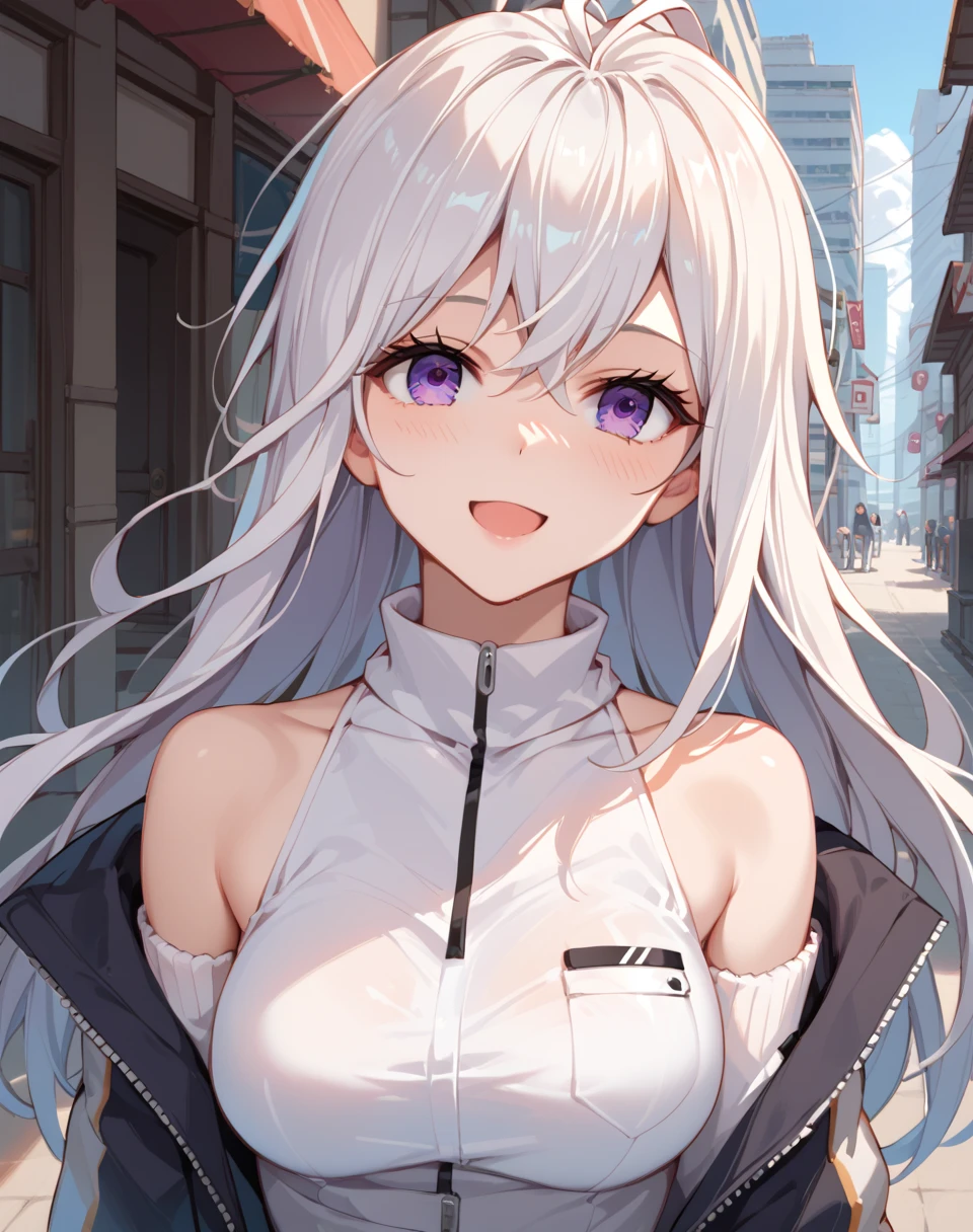 Highly detailed face,fine grain,Waterfront,Highlighted eyes, medium breasts ,pretty girl,smile,Cat ear,Beautiful silver hair,Pink inside,Beautiful pink eyes,shirt,distressed jeans, shiny skin, beautiful shadow