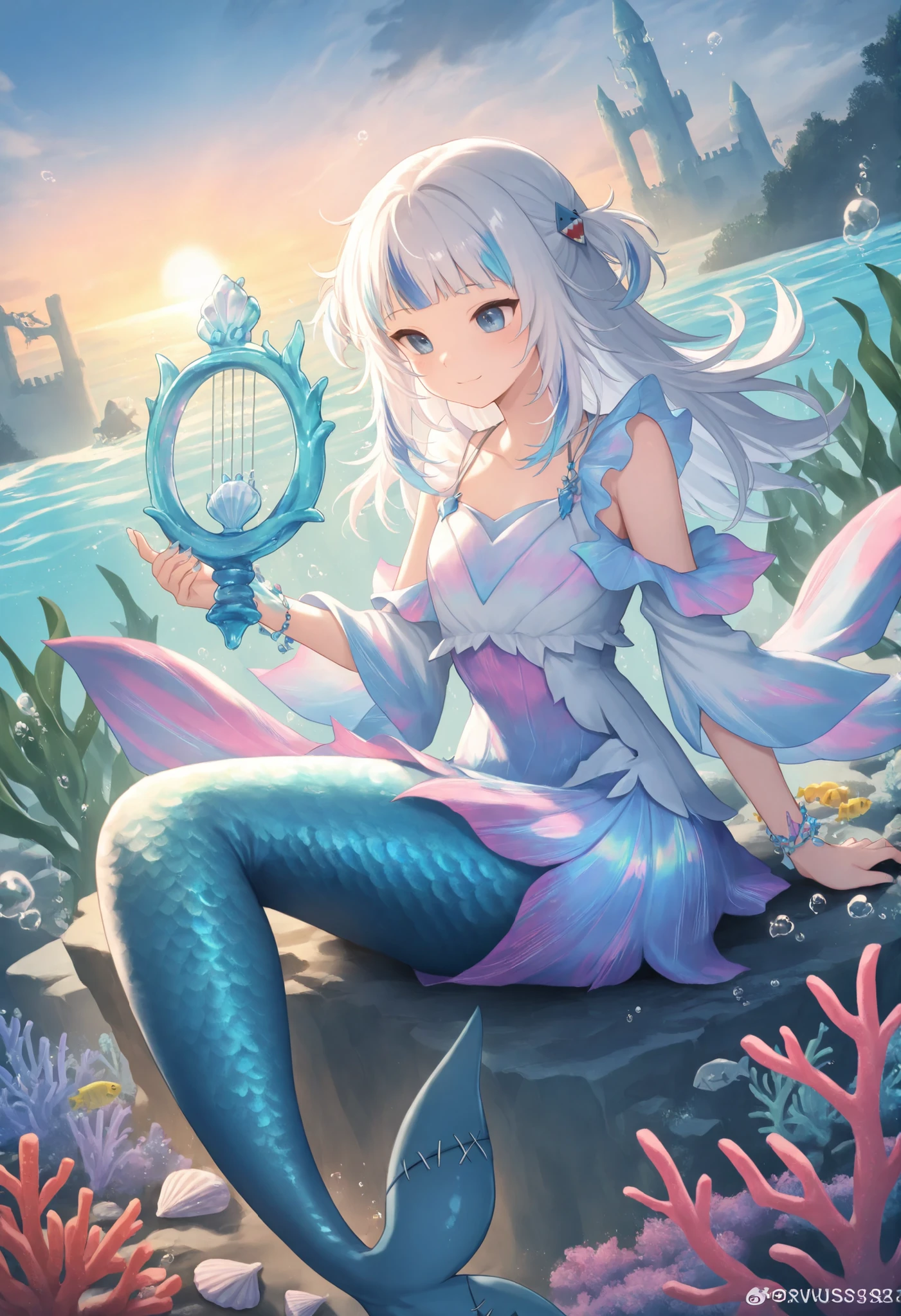 gawr gura,mermaid with iridescent scales, sitting on coastal rocks at sunrise, long seaweed-like hair, holding spiral seashell harp, coral jewelry glowing faintly, schools of tropical fish surrounding, underwater castle ruins visible in clear turquoise water

,masterpiece, best quality, newest, highres, absurdres,
