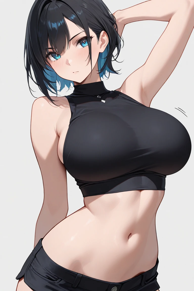 (beautiful detailed eyes, beautiful detailed face, perfect detailed body), mikictr, 1girl, solo, black eyes, short hair, closed mouth, lipstick, blush, large breasts, crop top, no bra, midriff, navel, upper body:1.5, standing, belt, blue short shorts, simple background